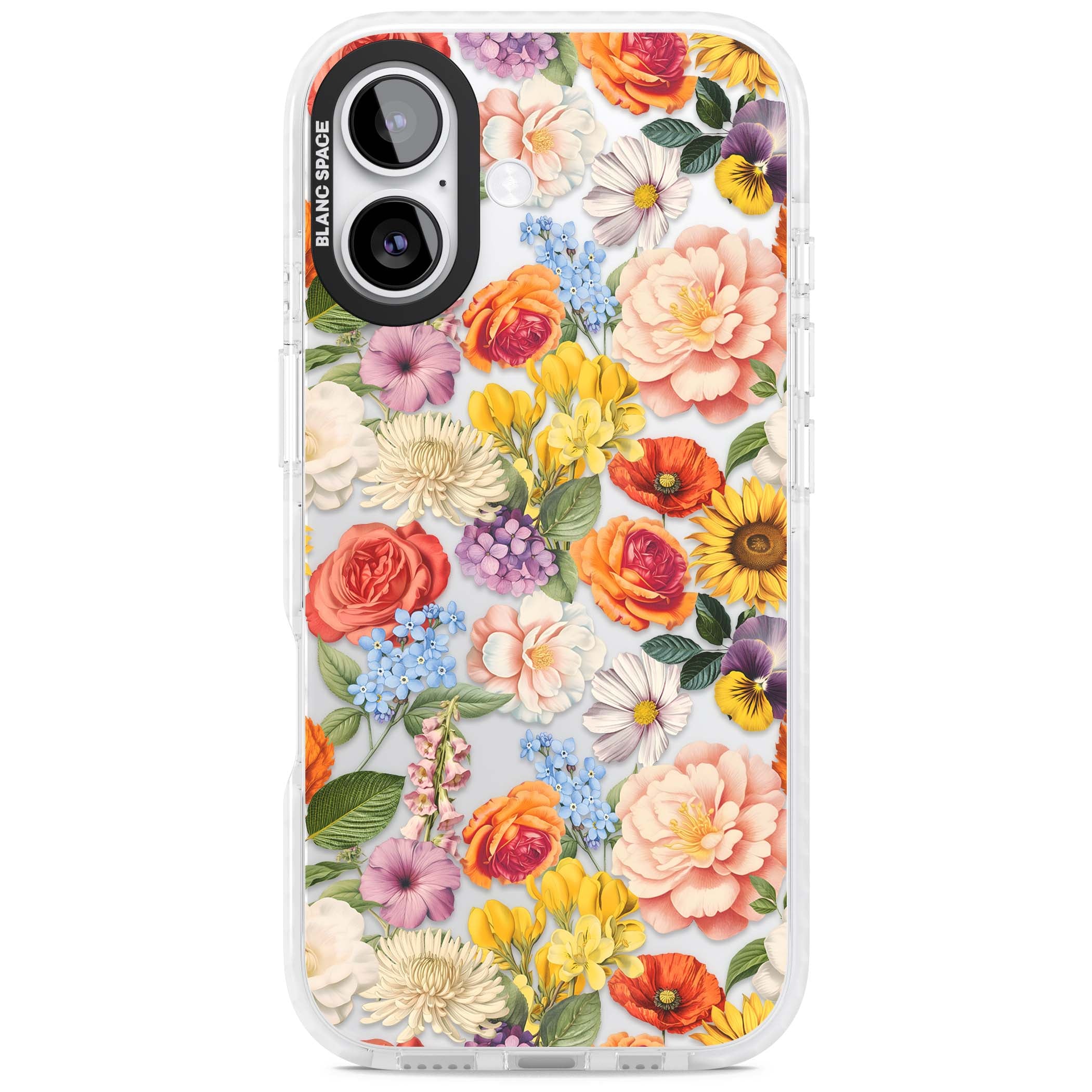 Bloom Basket floral iPhone case featuring cottage garden flowers including peonies, sunflowers, and wildflowers in pastel col | Black Impact case for iPhone 17