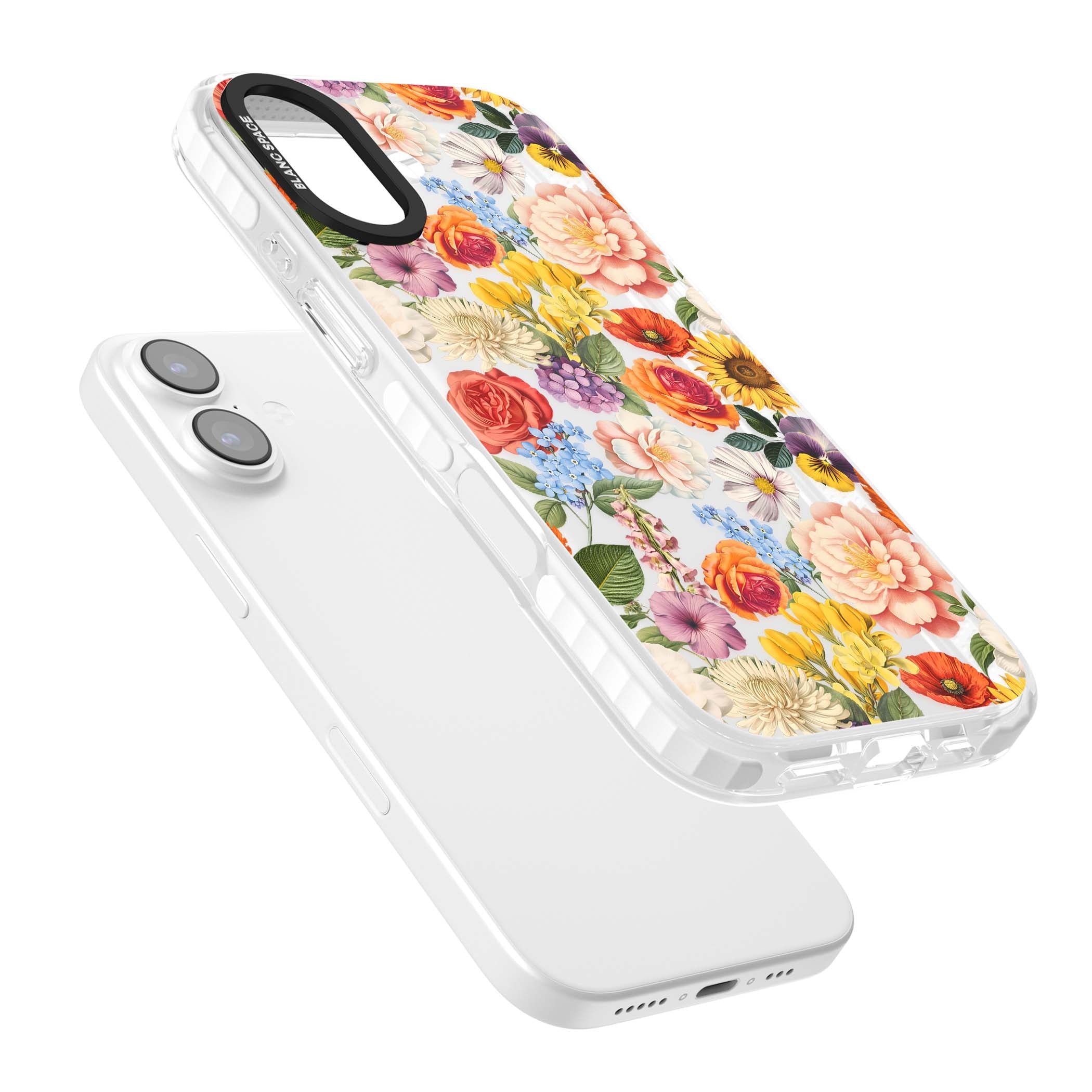 Bloom Basket floral iPhone case featuring cottage garden flowers including peonies, sunflowers, and wildflowers in pastel col | Black Impact case for iPhone 17