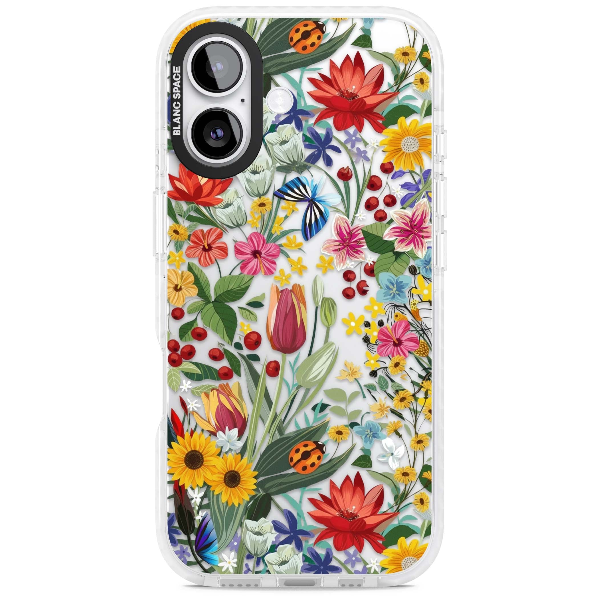 Botanical Bloom cottagecore iPhone case featuring colorful wildflowers, sunflowers, and ladybugs on clear background | Black Impact case for iPhone 17