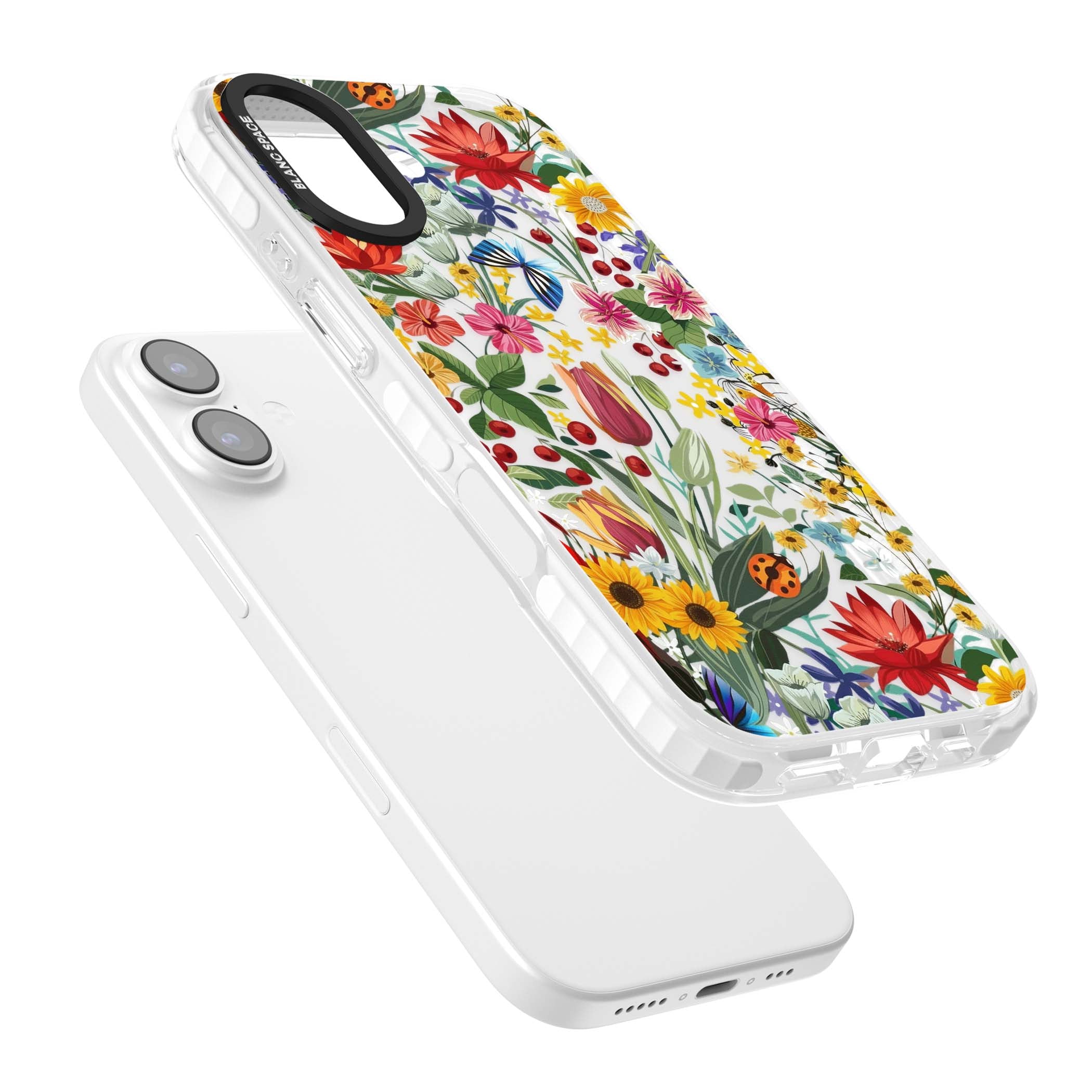 Botanical Bloom cottagecore iPhone case featuring colorful wildflowers, sunflowers, and ladybugs on clear background | Black Impact case for iPhone 17