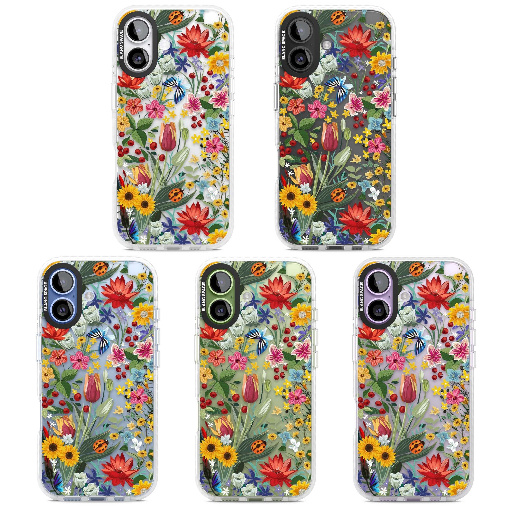 Botanical Bloom cottagecore iPhone case featuring colorful wildflowers, sunflowers, and ladybugs on clear background | Black Impact case for iPhone 17