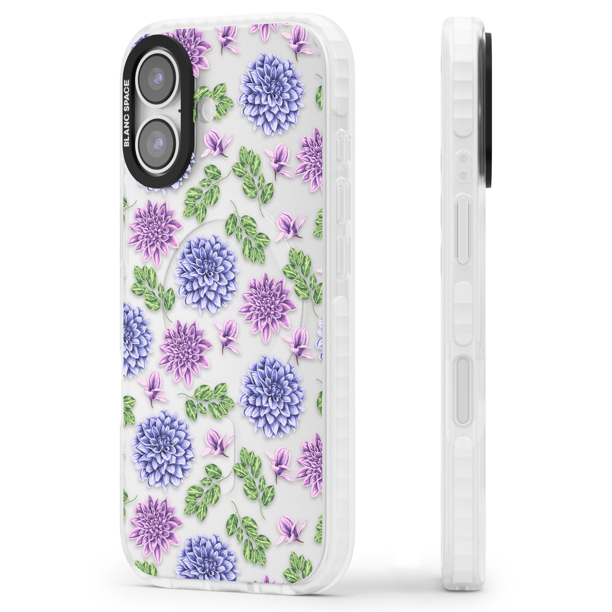 Purple Dahlias Floral iPhone 17 Impact Clear Phone Case Side Profile
