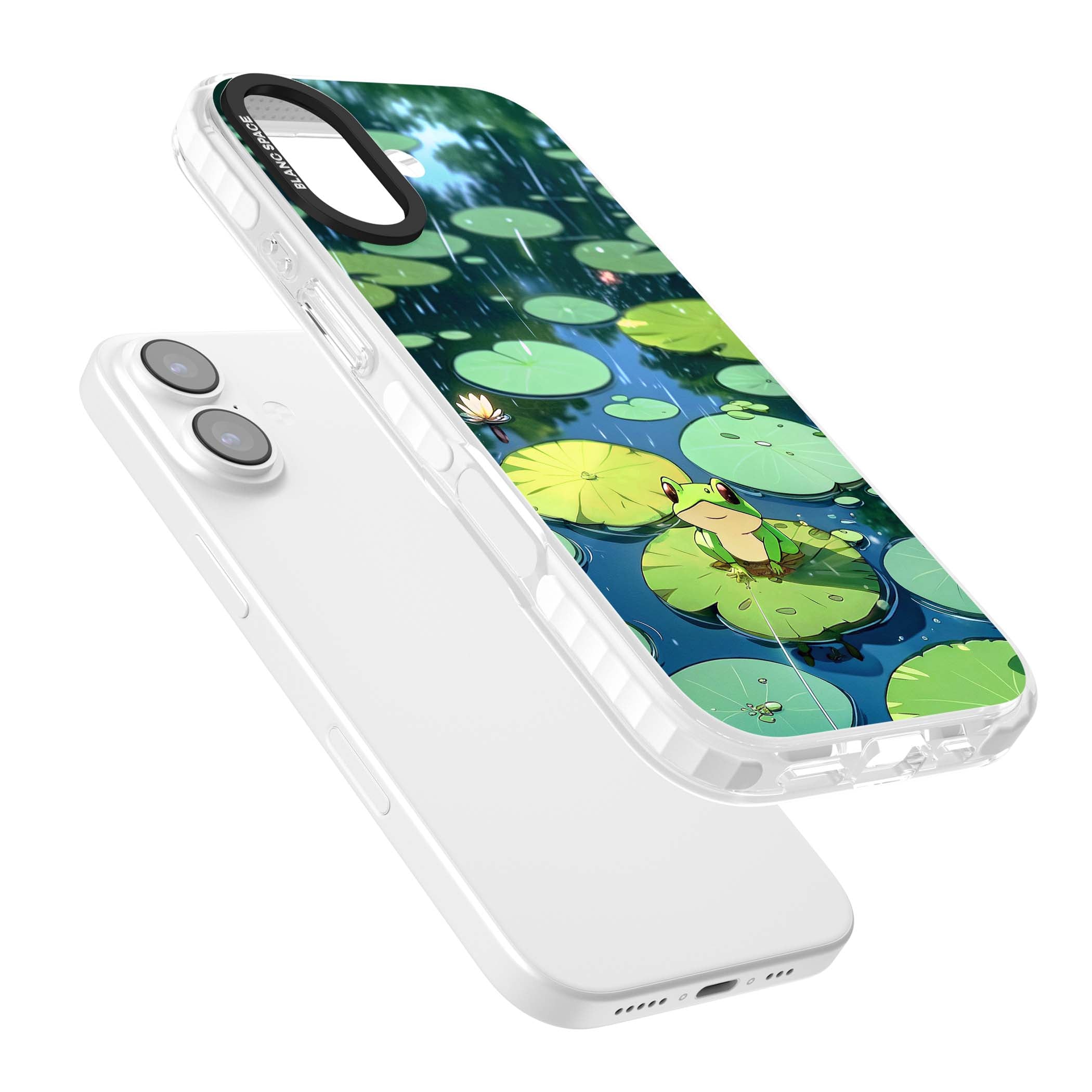 Frog In Lily Pond cottagecore iPhone case featuring a cute green frog on a lily pad with falling rain and a lotus flower | Black Impact case for iPhone 17