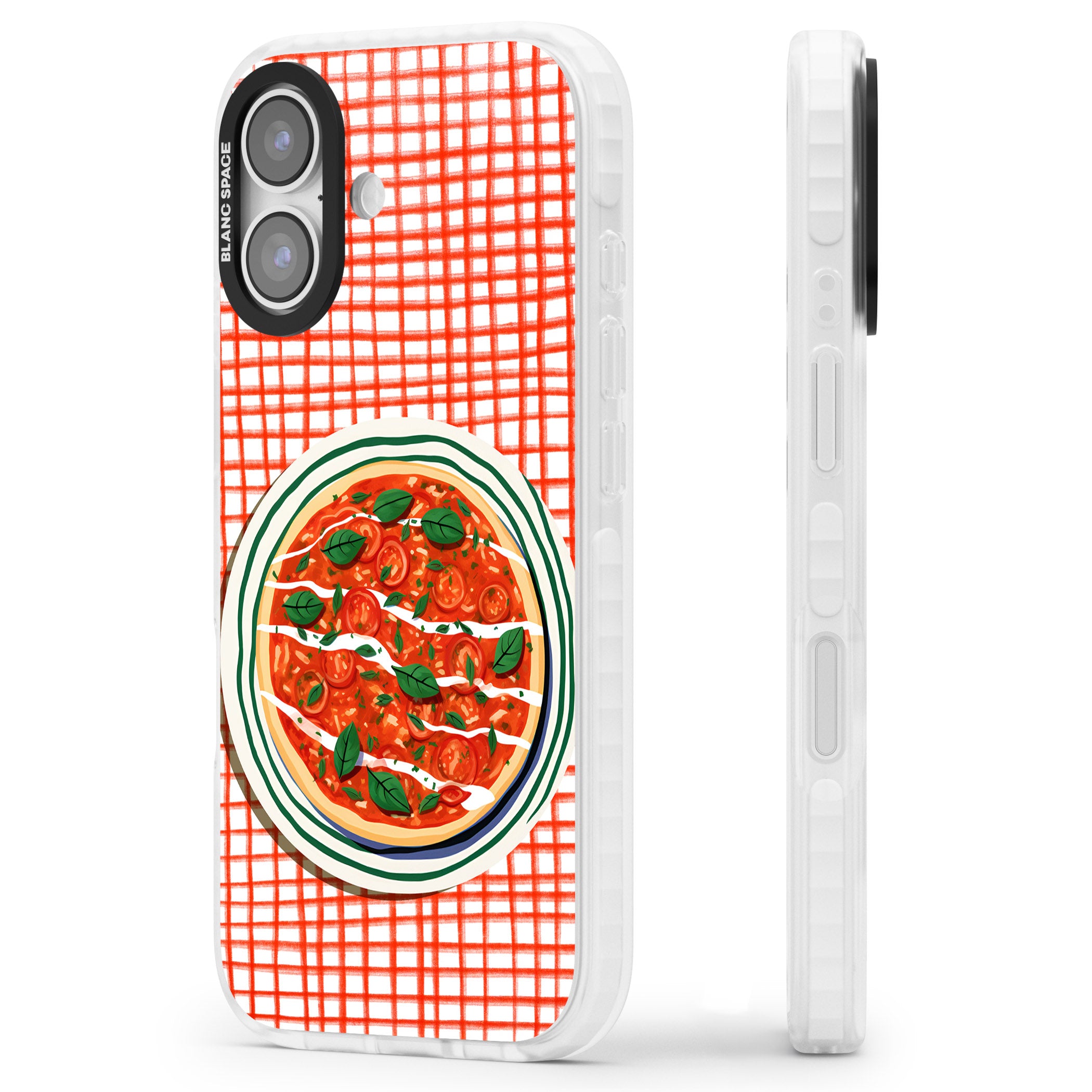 Margherita On Red Check iPhone 17 Impact Clear Phone Case Side Profile