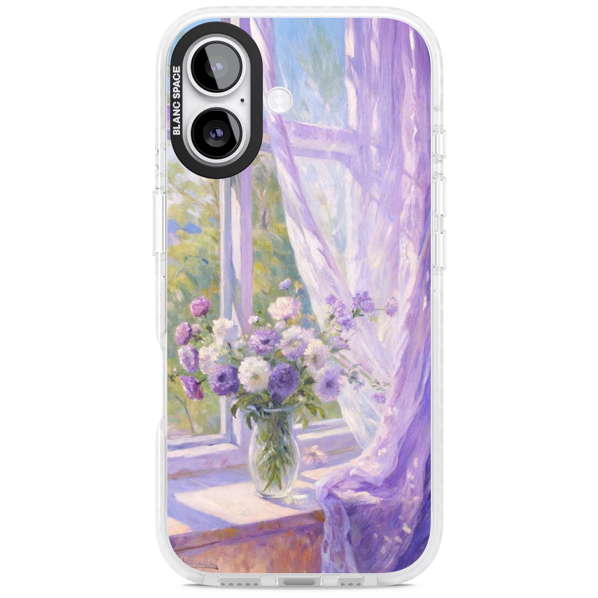 A Provence Morning impressionist art iPhone case featuring a vase of purple flowers, sunlit window and sheer curt | Black Impact case for iPhone 17