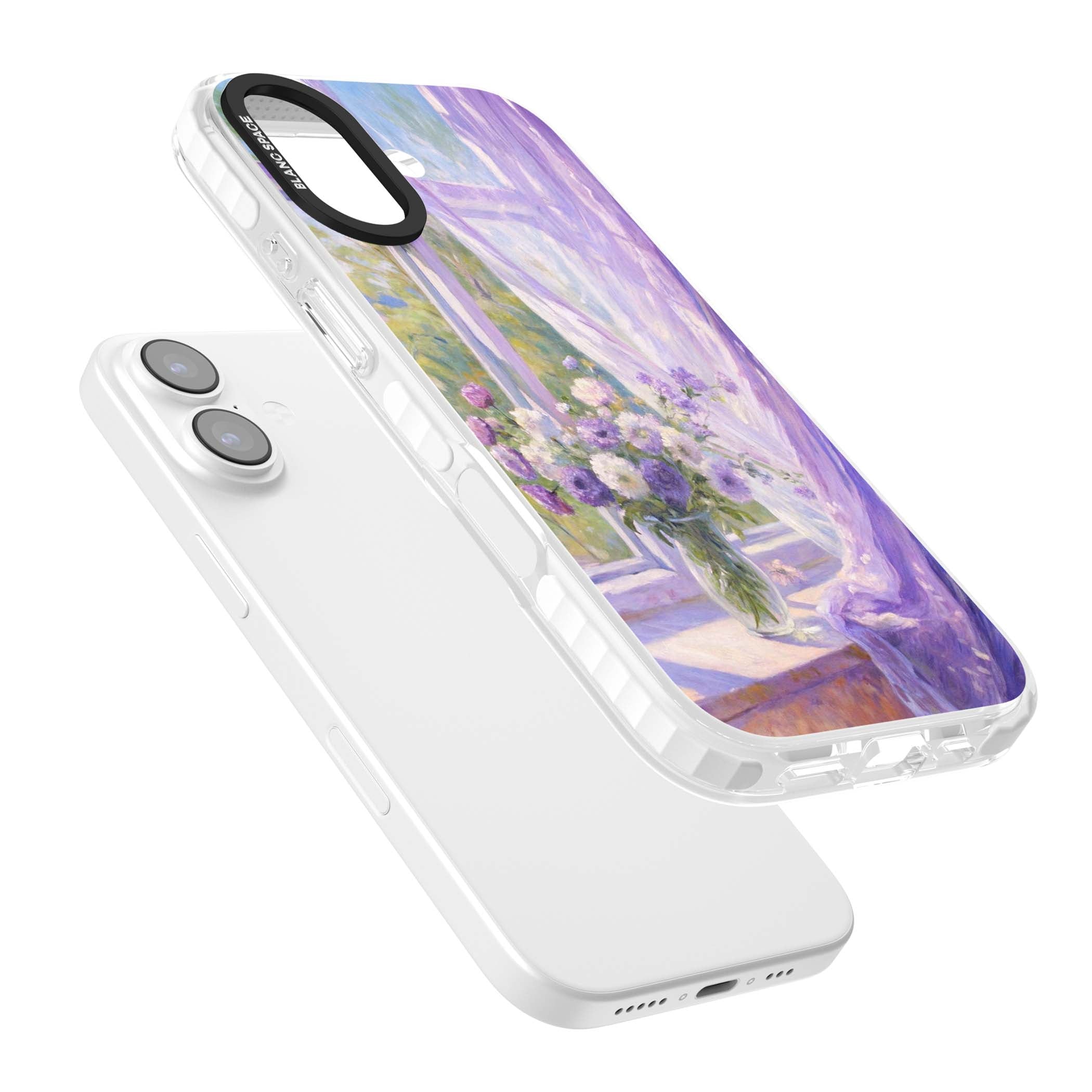 A Provence Morning impressionist art iPhone case featuring a vase of purple flowers, sunlit window and sheer curt | Black Impact case for iPhone 17