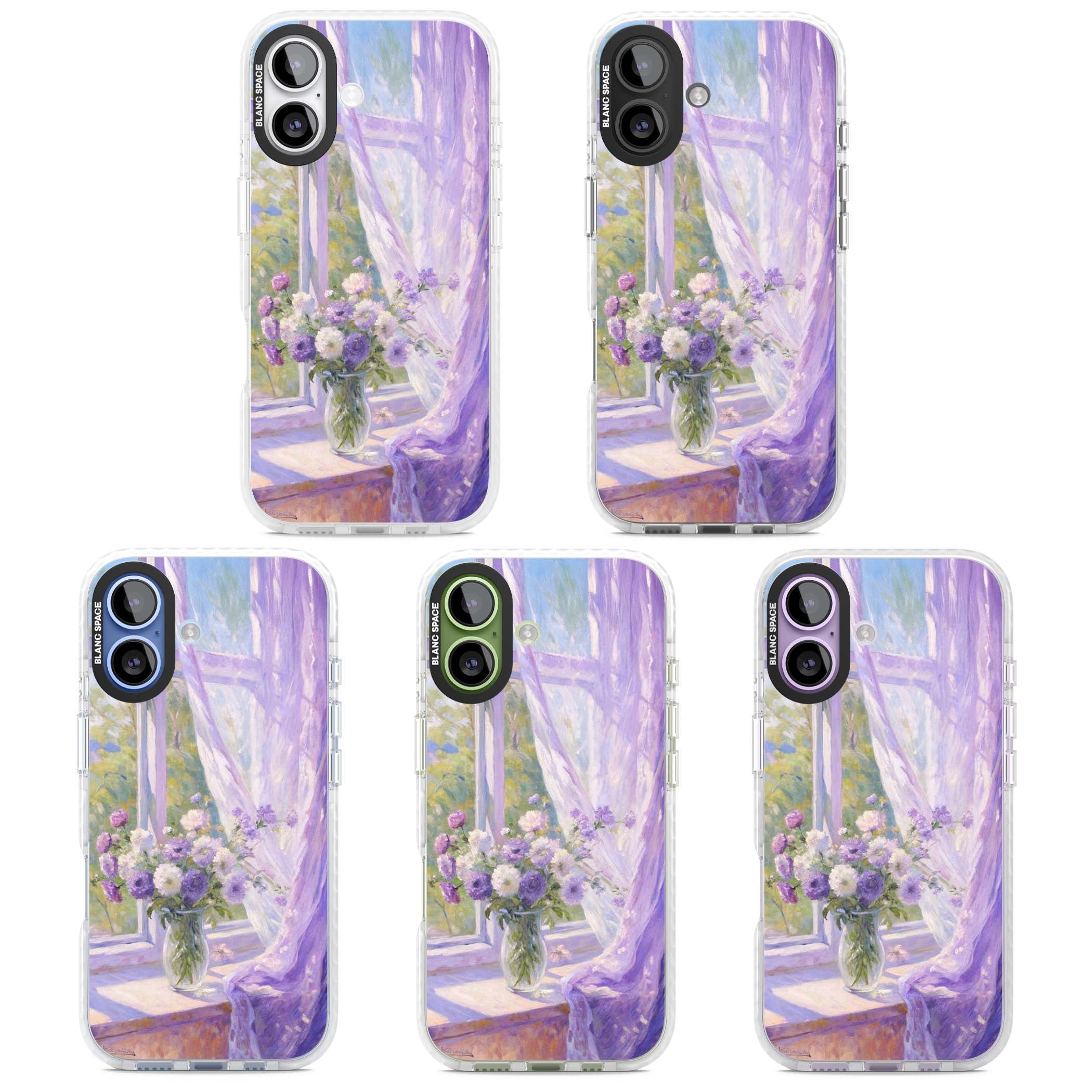 A Provence Morning impressionist art iPhone case featuring a vase of purple flowers, sunlit window and sheer curt | Black Impact case for iPhone 17