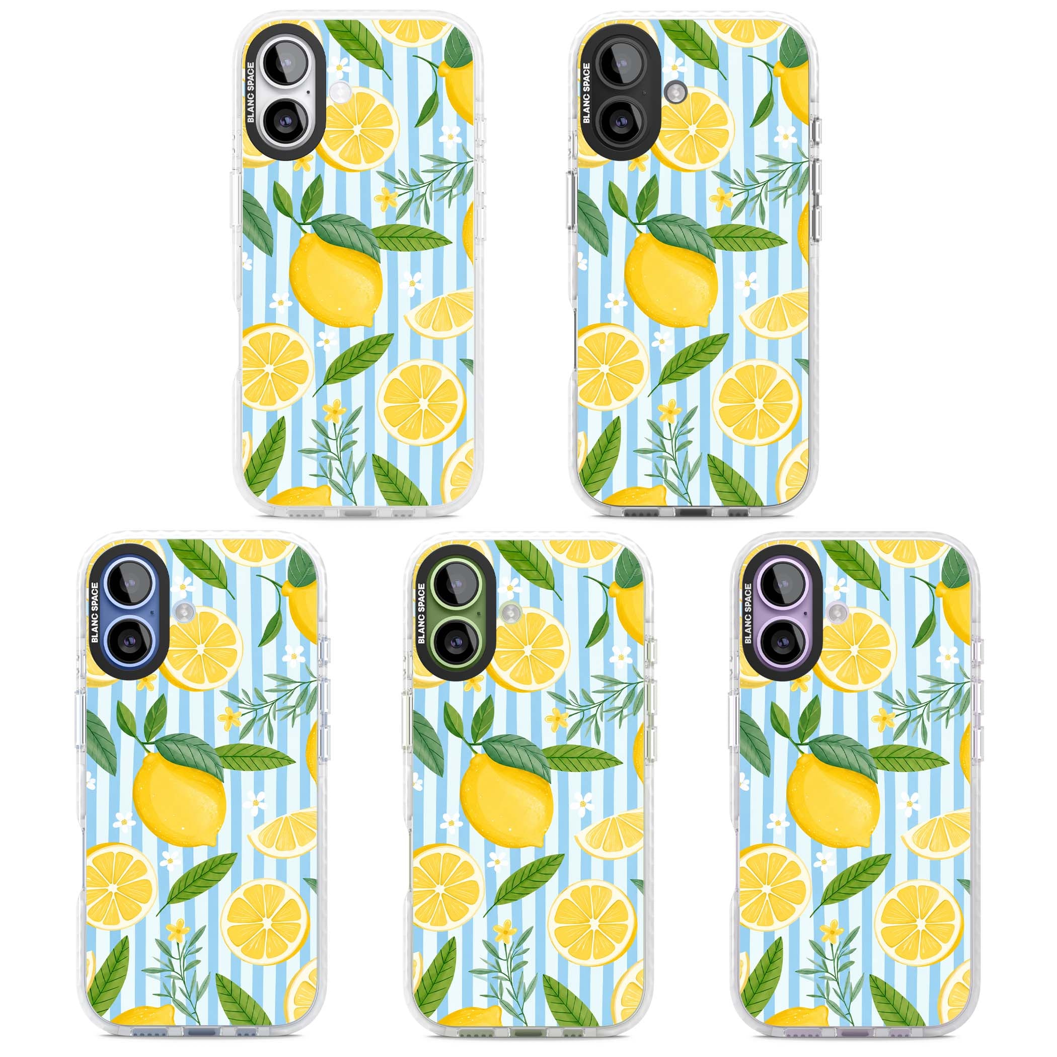 Capri Citrus Stripe coastal iPhone case featuring yellow lemons, blue stripes, and white daisy blossoms | Black Impact case for iPhone 17