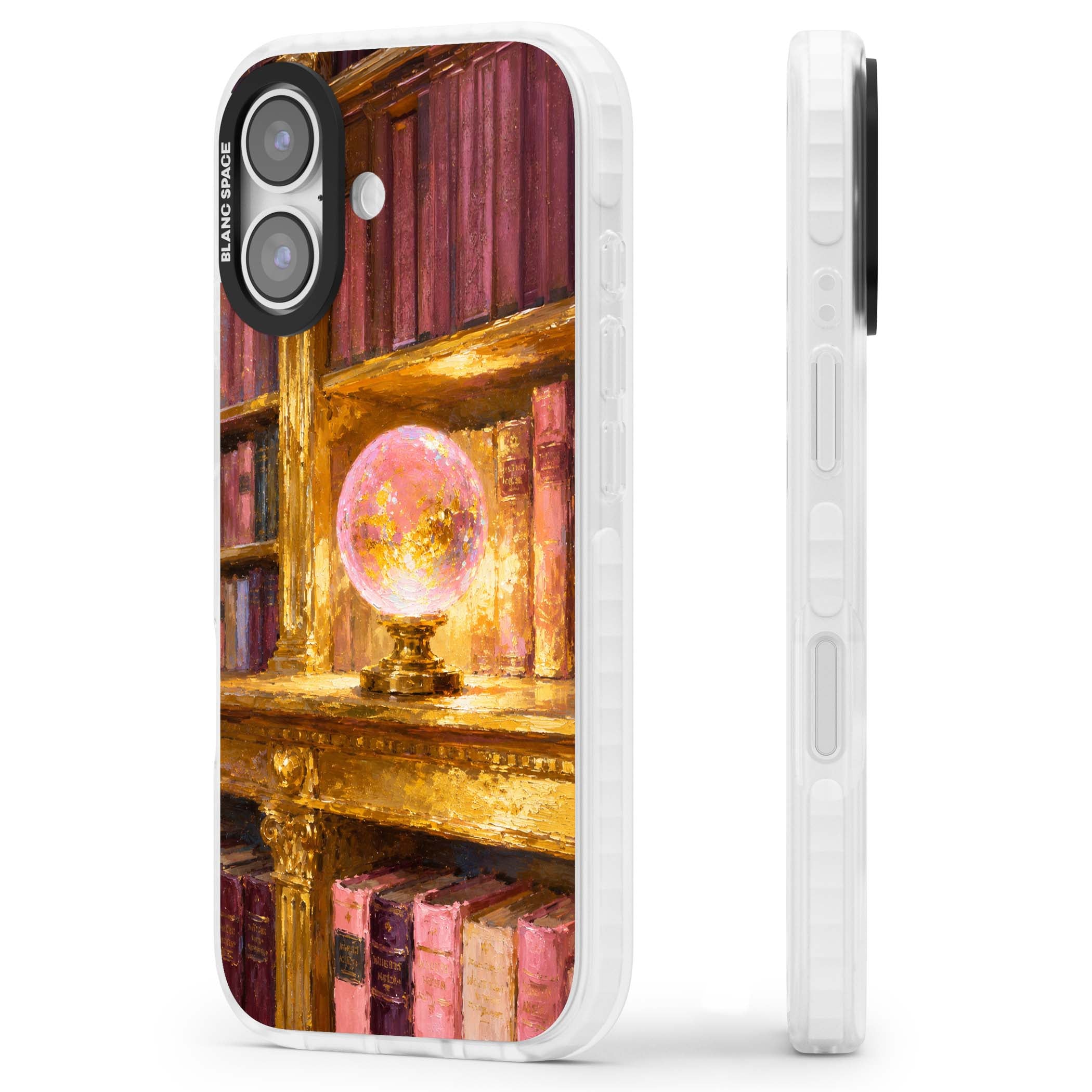 Gilded Library dark academia iPhone case featuring an oil painted crystal ball on a gilded library shelf with vintage | Black Impact case for iPhone 17
