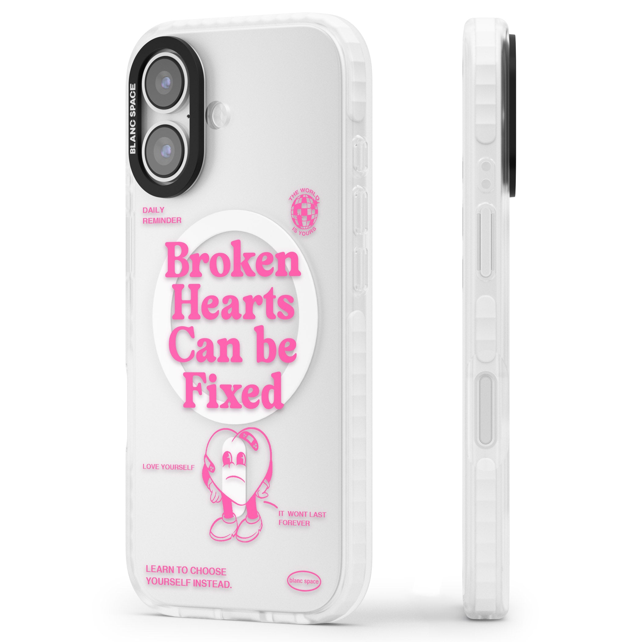 Broken Hearts Can Be Fixed iPhone 17 Impact Pro Clear Phone Case Side Profile