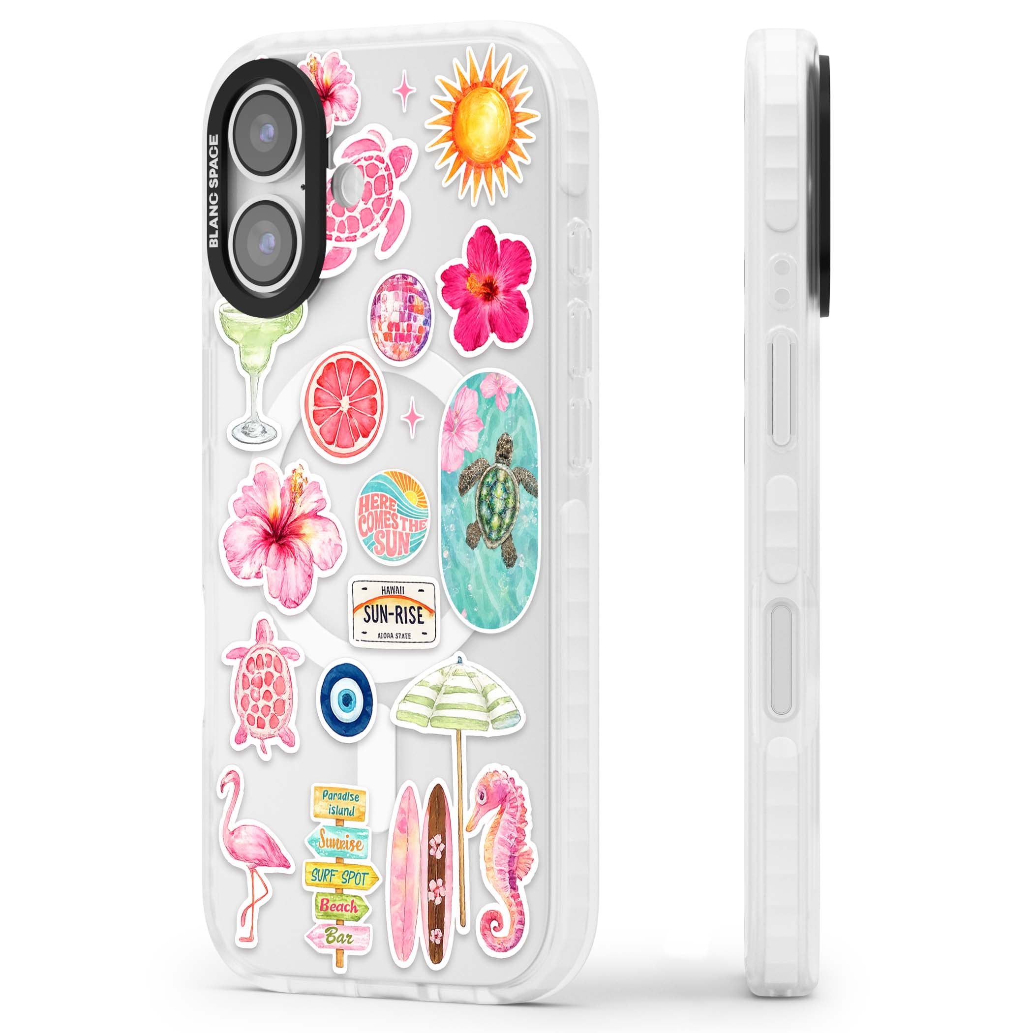 Aloha Sticker Mix tropical summer iPhone case featuring pink hibiscus, sea turtles, flamingo and beach umbrella stickers | Impact Magsafe case for iPhone 17