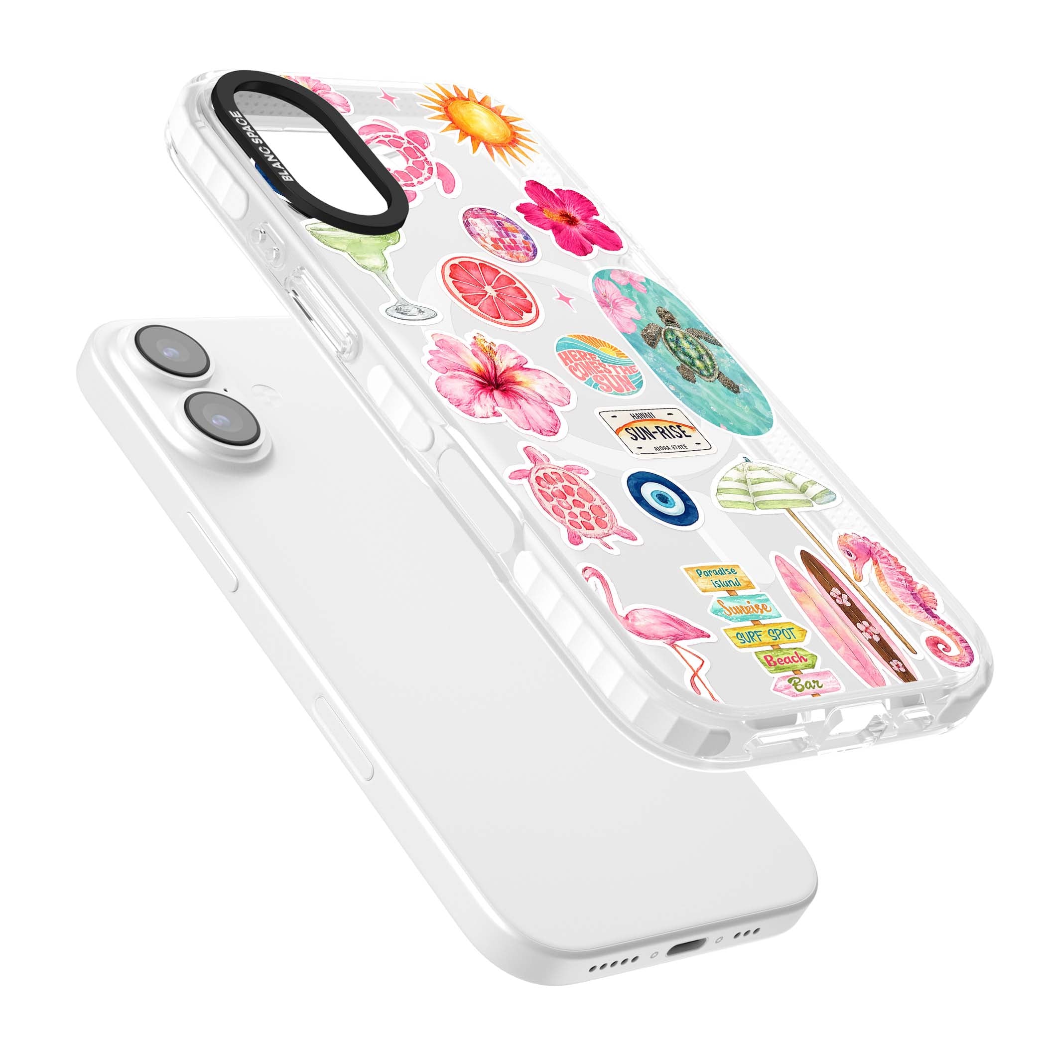 Aloha Sticker Mix tropical summer iPhone case featuring pink hibiscus, sea turtles, flamingo and beach umbrella stickers | Impact Magsafe case for iPhone 17