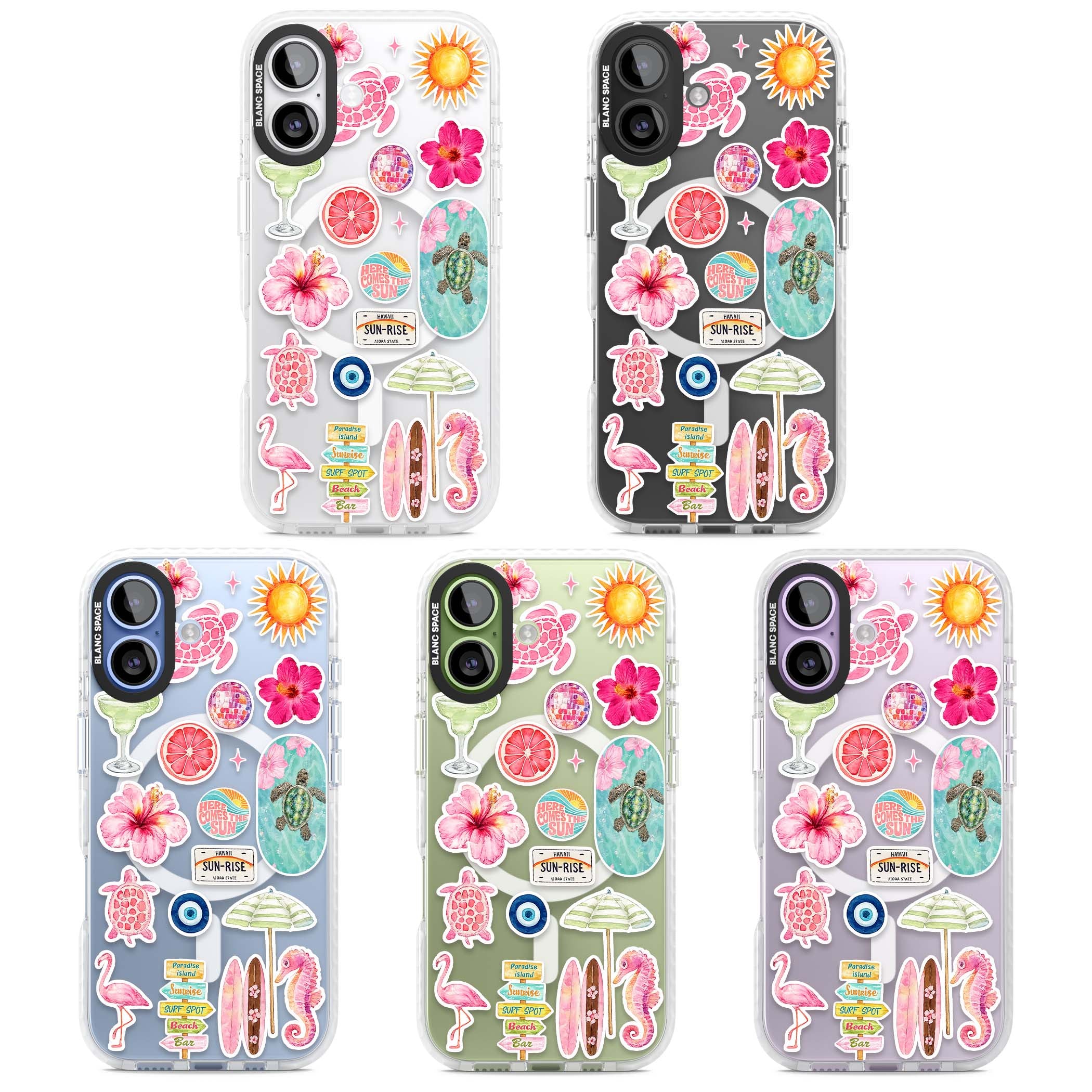 Aloha Sticker Mix tropical summer iPhone case featuring pink hibiscus, sea turtles, flamingo and beach umbrella stickers | Impact Magsafe case for iPhone 17