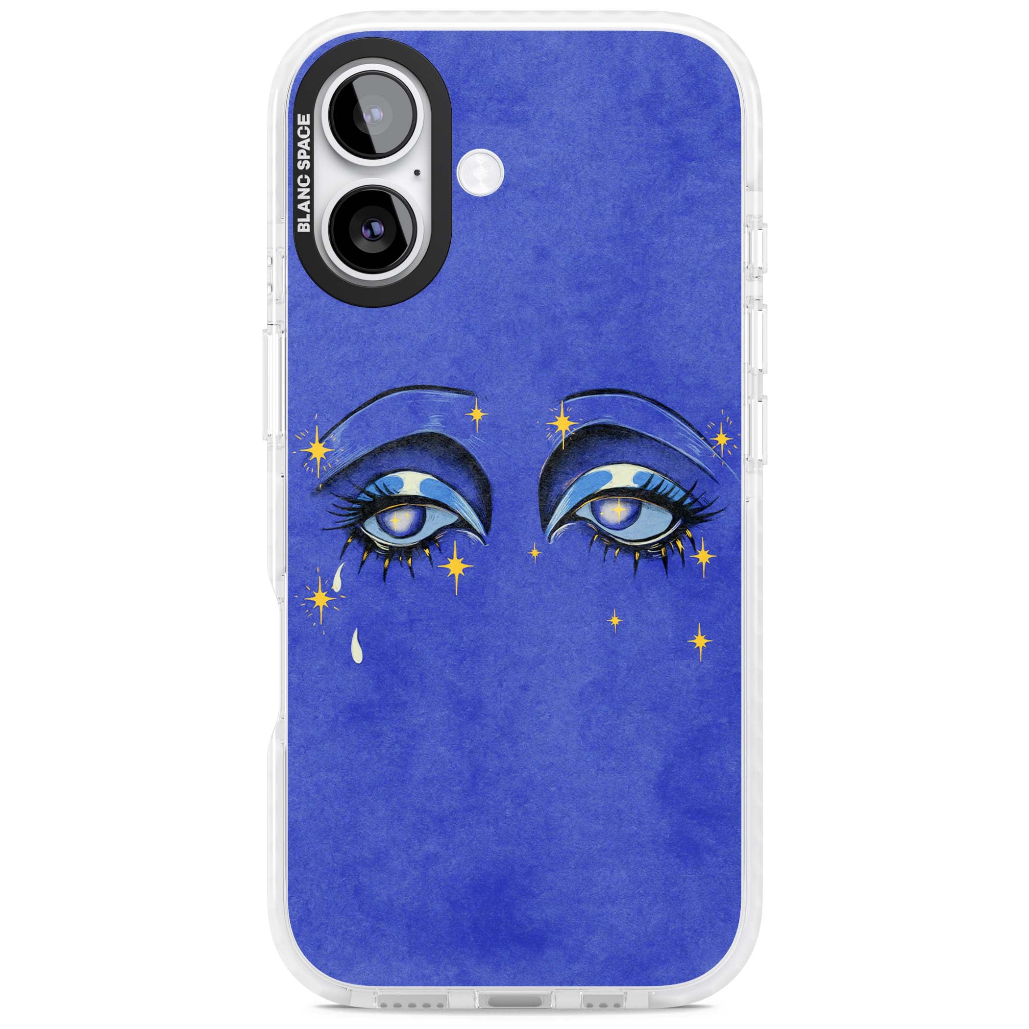 Blue Mystic Eyes celestial iPhone case featuring hand drawn blue mystical eyes, golden stars and a painted tear on indigo | Impact Magsafe case for iPhone 17