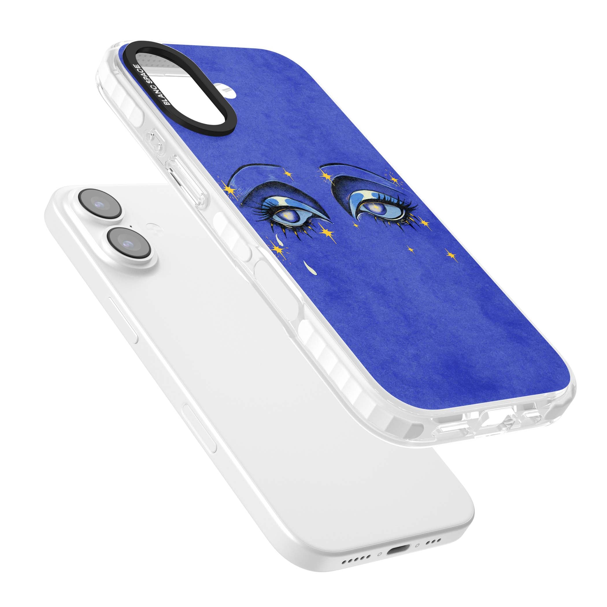 Blue Mystic Eyes celestial iPhone case featuring hand drawn blue mystical eyes, golden stars and a painted tear on indigo | Impact Magsafe case for iPhone 17