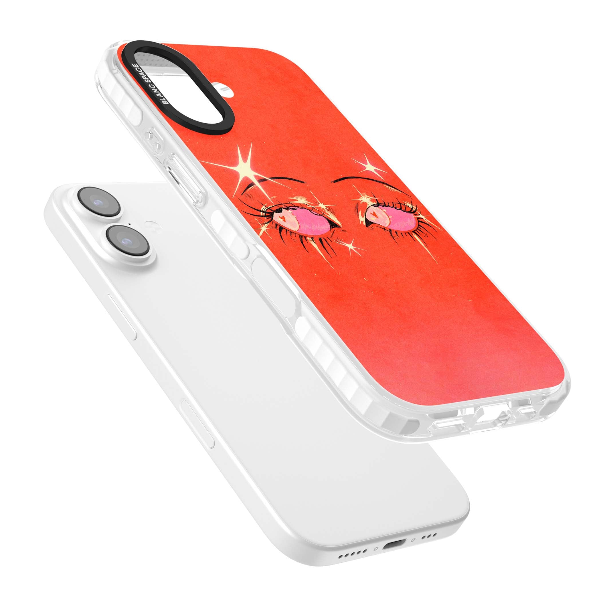 Pink Ethereal Eyes anime iPhone case featuring hand-drawn sparkly eyes with pink hearts and gold stars on red | Impact Magsafe case for iPhone 17