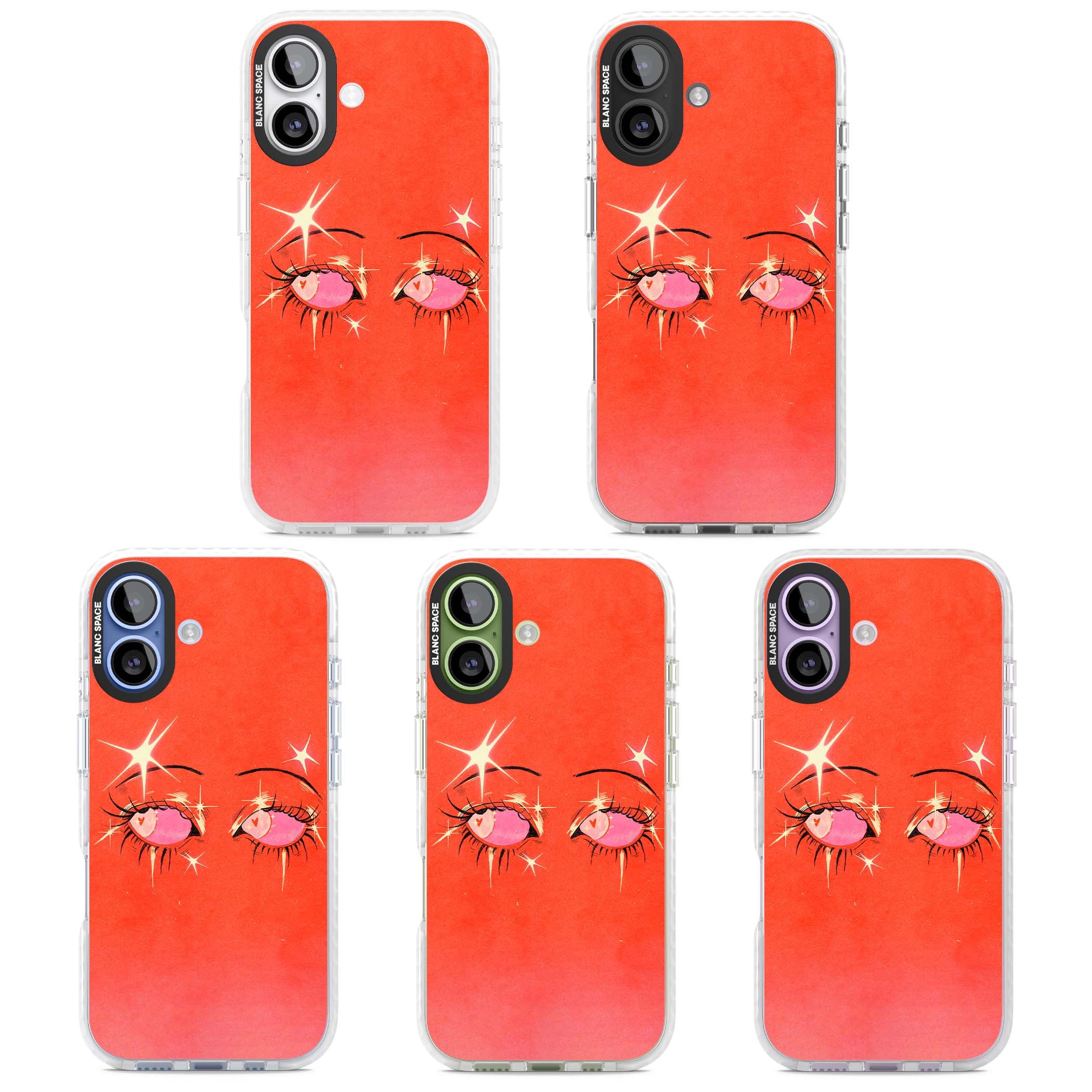 Pink Ethereal Eyes anime iPhone case featuring hand-drawn sparkly eyes with pink hearts and gold stars on red | Impact Magsafe case for iPhone 17