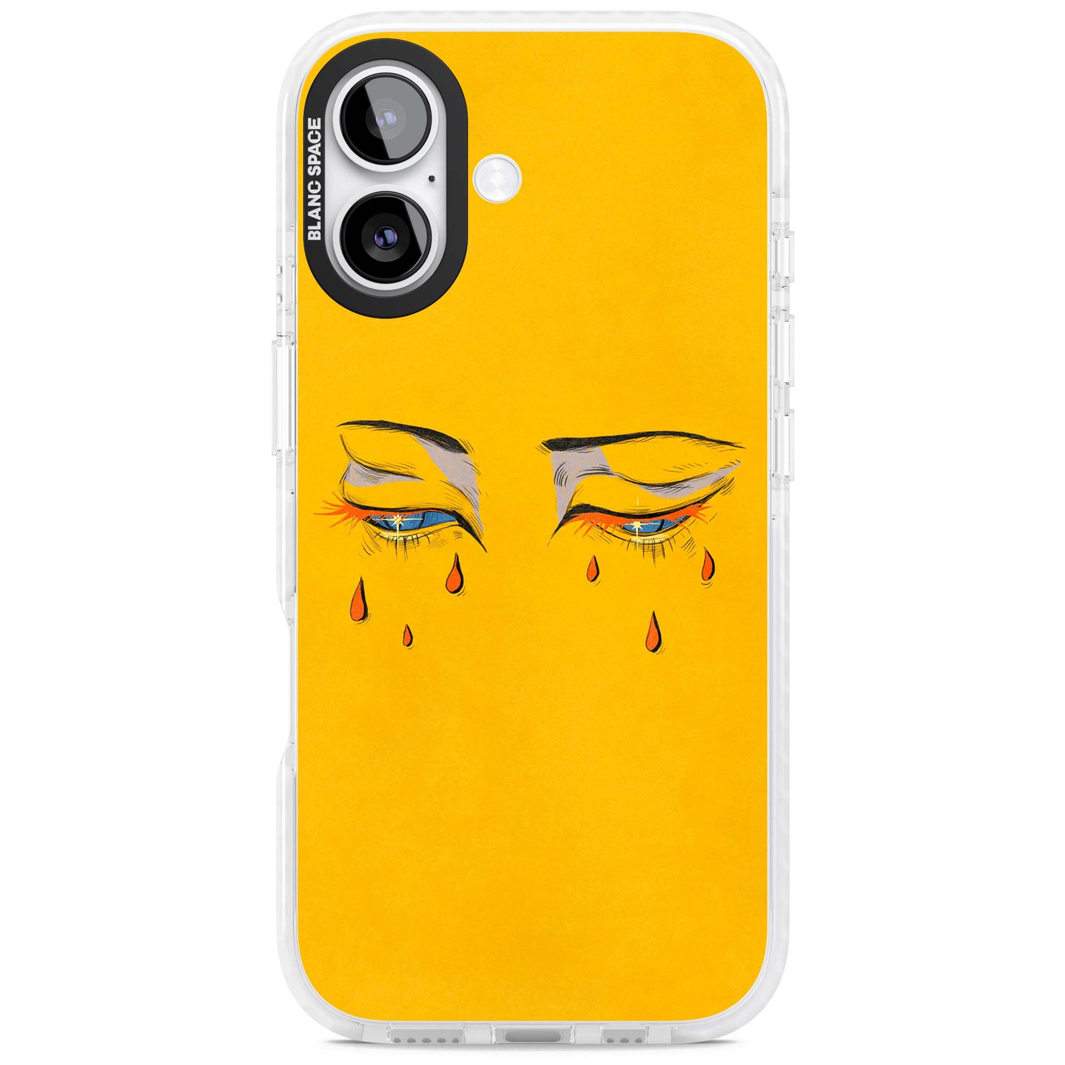 Yellow Tearful Eyes indie iPhone case featuring hand-drawn crying eyes with orange tears on a yellow background | Impact Magsafe case for iPhone 17