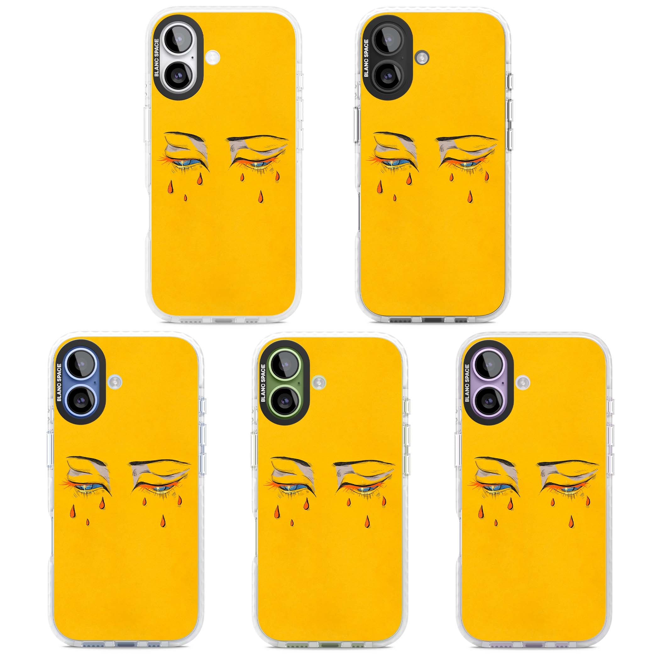 Yellow Tearful Eyes indie iPhone case featuring hand-drawn crying eyes with orange tears on a yellow background | Impact Magsafe case for iPhone 17