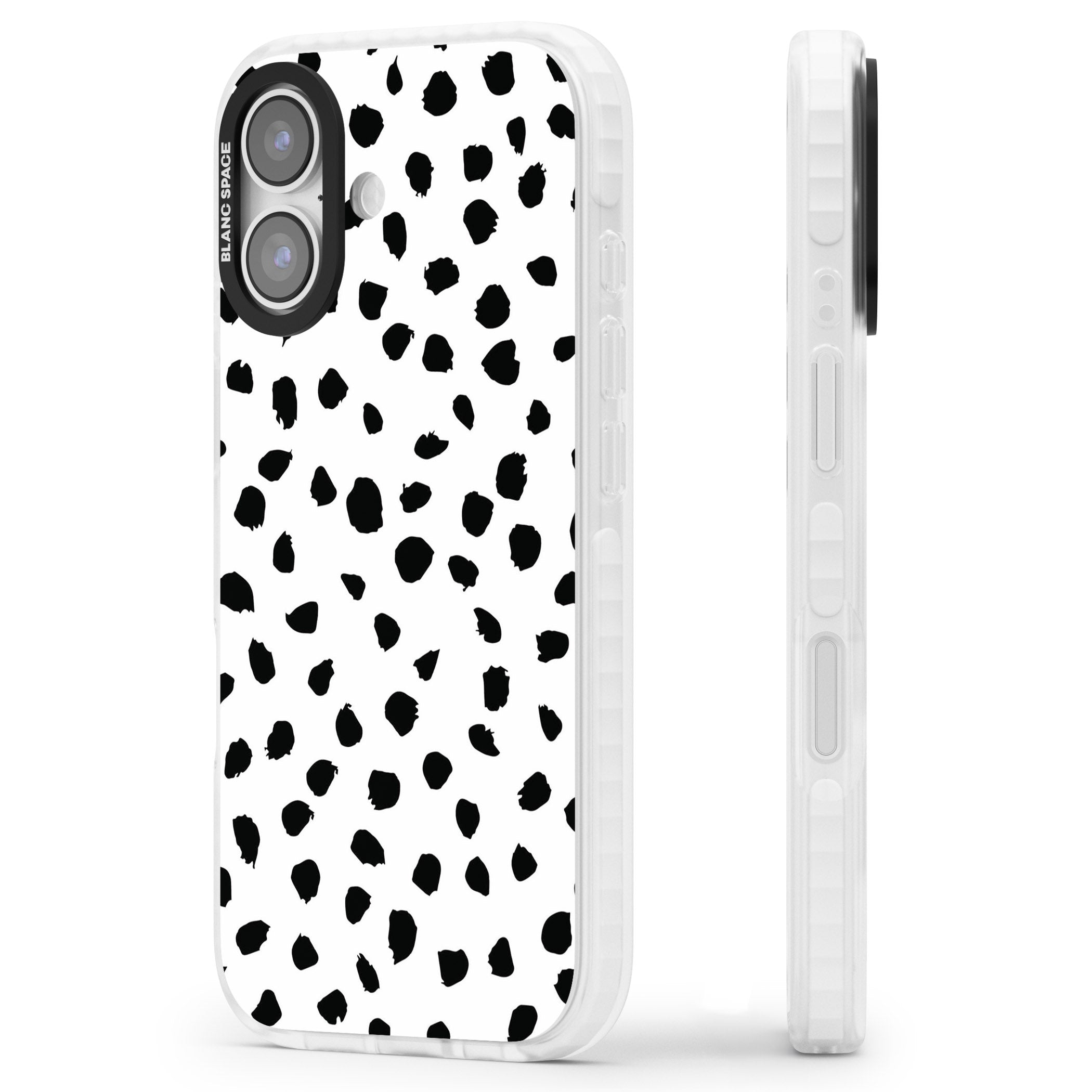 White Dalmatian Print iPhone 17 Impact Pro Clear Phone Case Side Profile