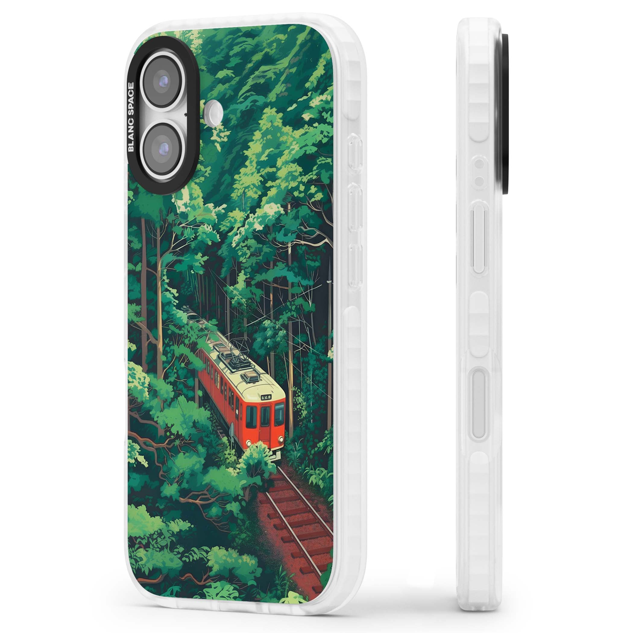 Railway In Toyama Japanese iPhone case featuring a red train, cedar forest and winding mountain railway tracks | Impact Magsafe case for iPhone 17