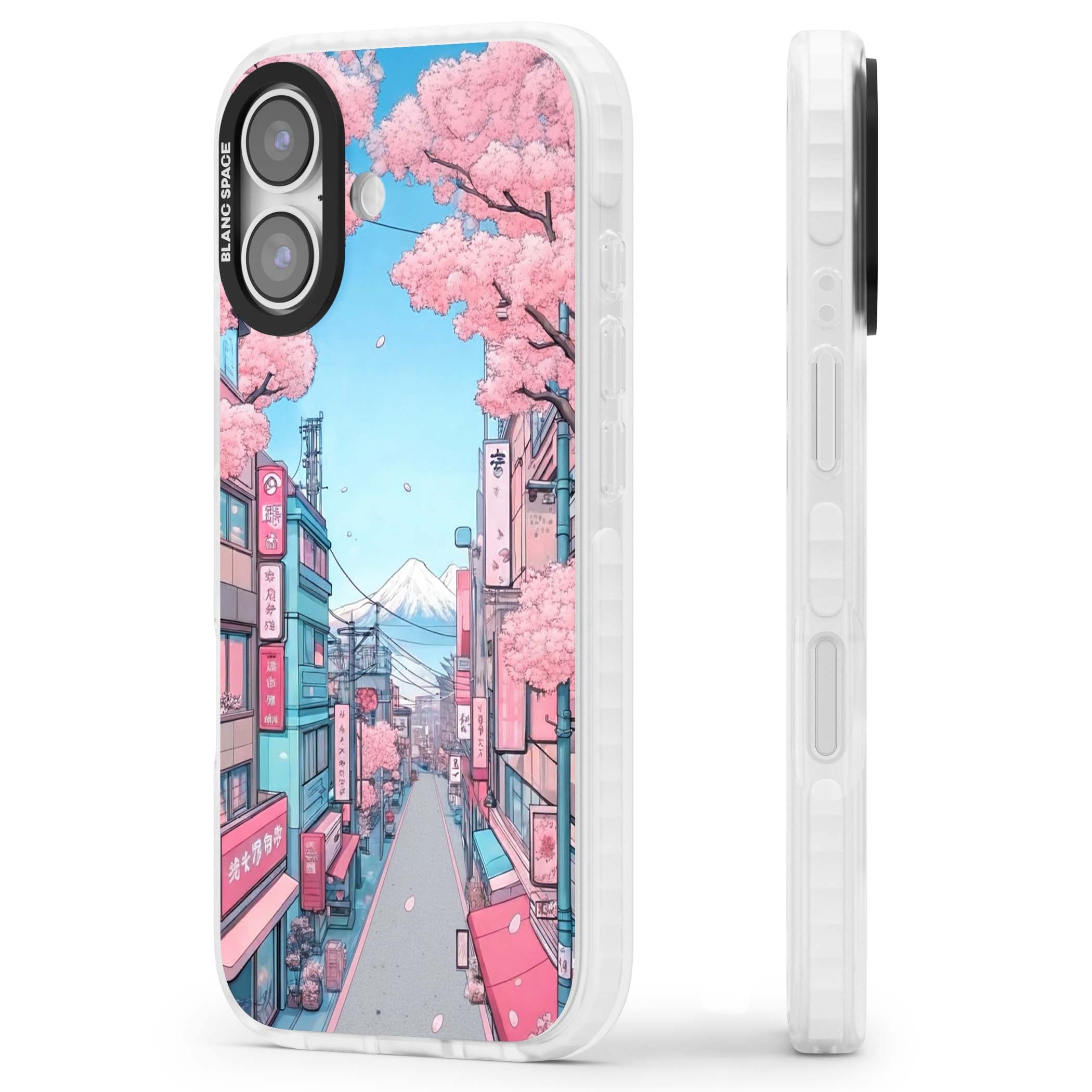 Sakura Lane anime iPhone case featuring Tokyo street scene with cherry blossoms and Mount Fuji | Impact Magsafe case for iPhone 17