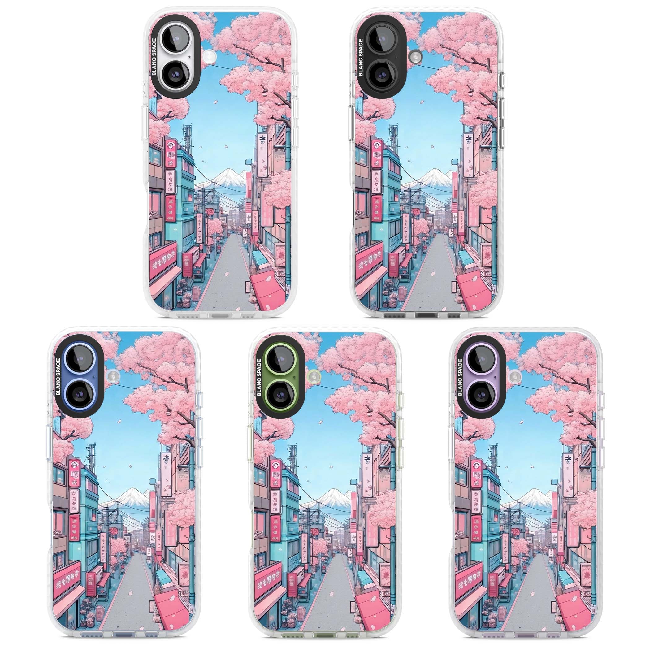 Sakura Lane anime iPhone case featuring Tokyo street scene with cherry blossoms and Mount Fuji | Impact Magsafe case for iPhone 17