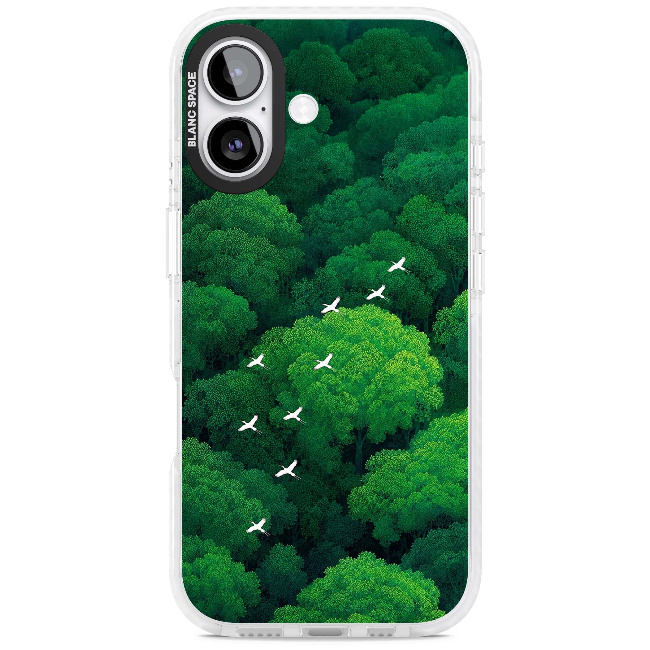 Grove Migration forest iPhone case featuring white cranes flying over lush green treetop canopy | Impact Magsafe case for iPhone 17