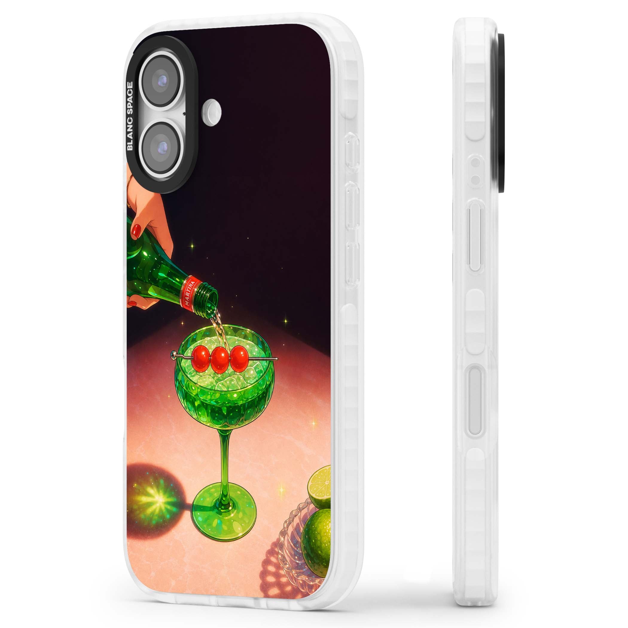 Absinthe Hour cocktail iPhone case featuring a green coupe glass, cherry garnish and vintage bottle pour illustration | Impact Magsafe case for iPhone 17