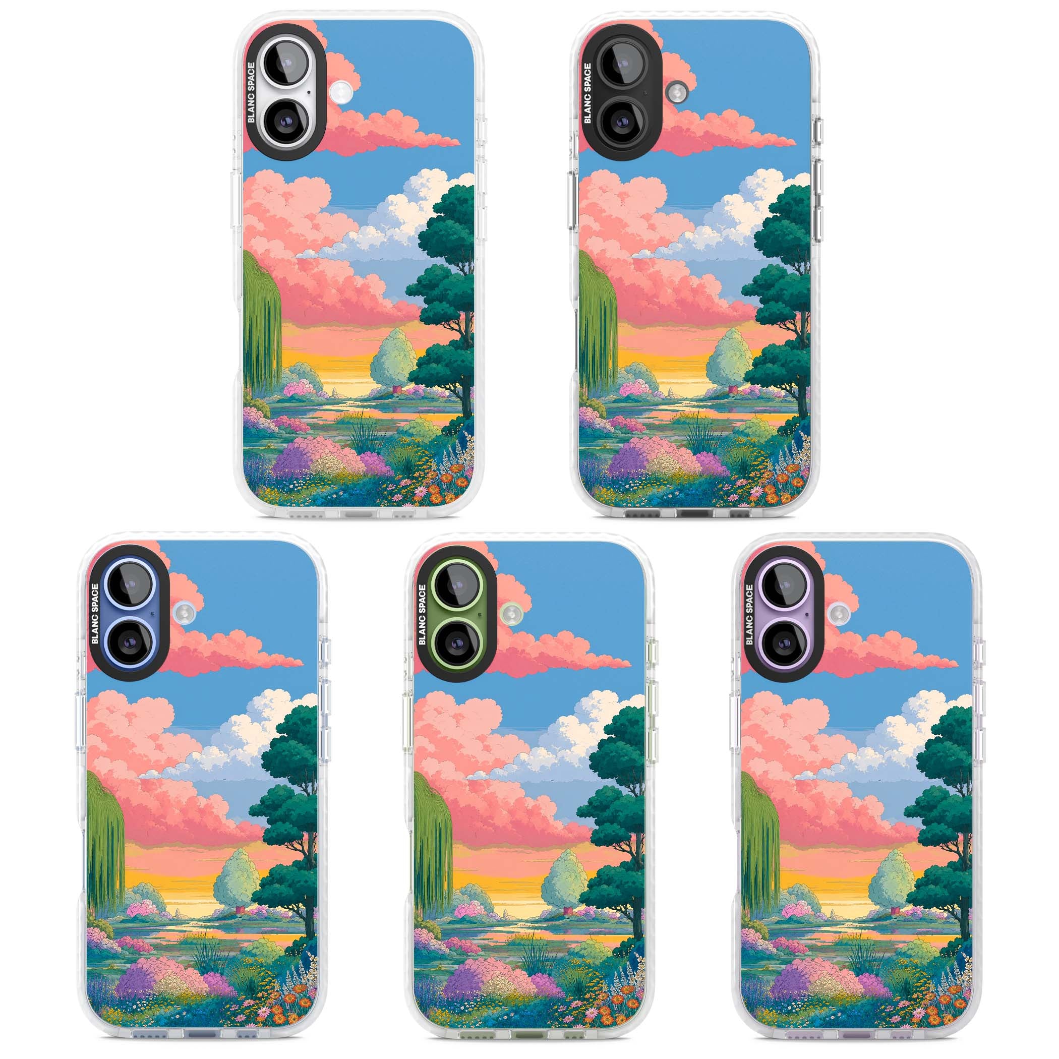 Dream Valley anime landscape iPhone case featuring pink sunset clouds, willow trees and wildflowers | Impact Magsafe case for iPhone 17