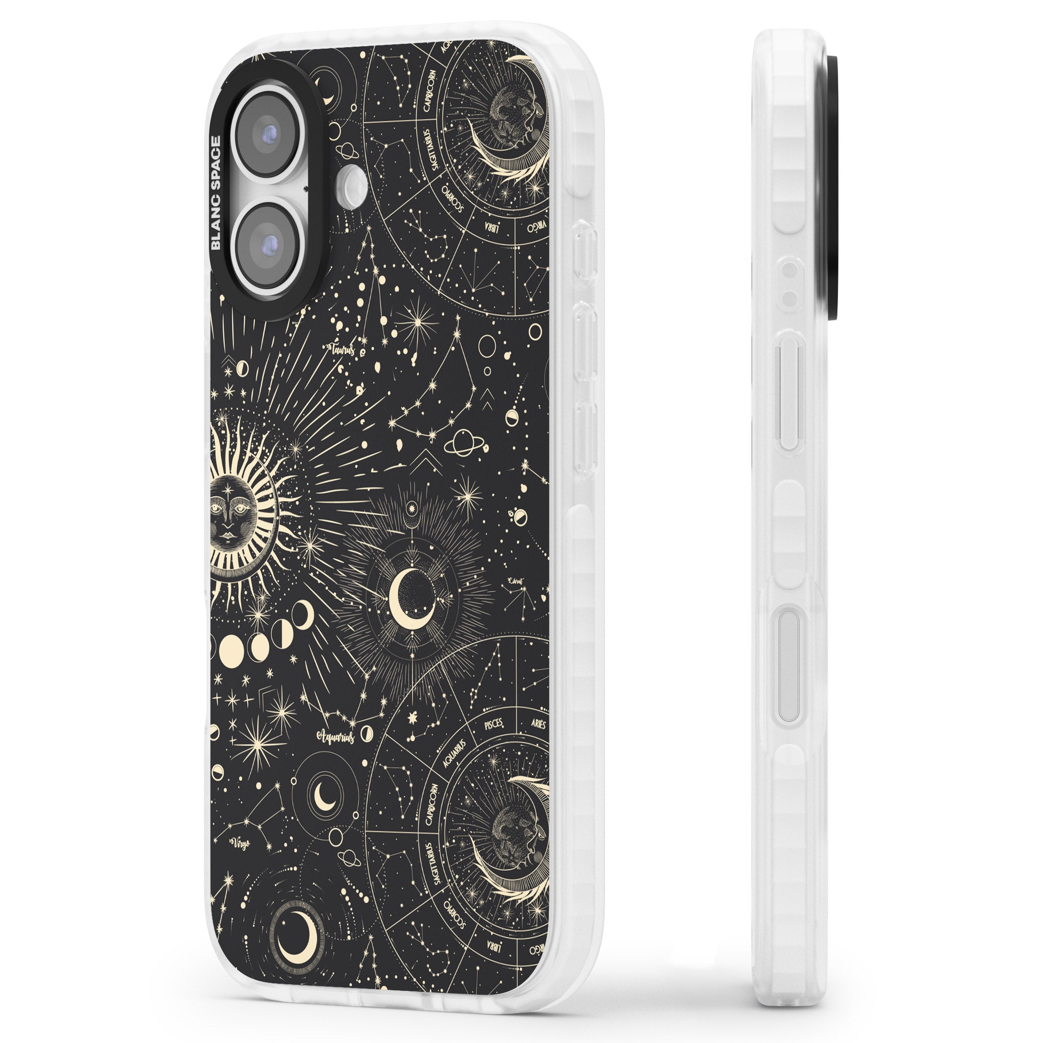 Suns & Zodiac Celestial Chart iPhone 17 Impact Pro Clear Phone Case Side Profile