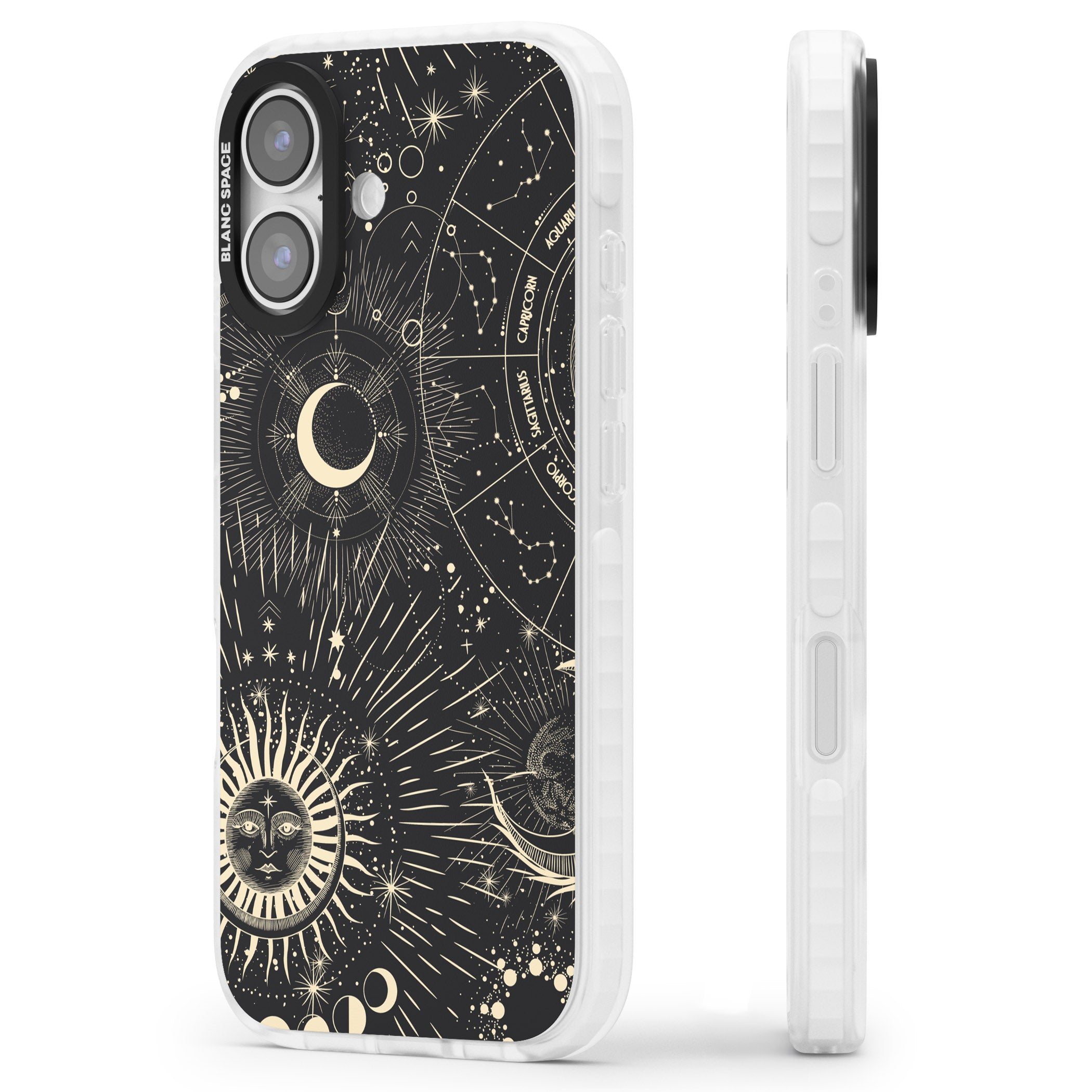 Cosmic Sun & Symbols Zodiac iPhone 17 Impact Pro Clear Phone Case Side Profile