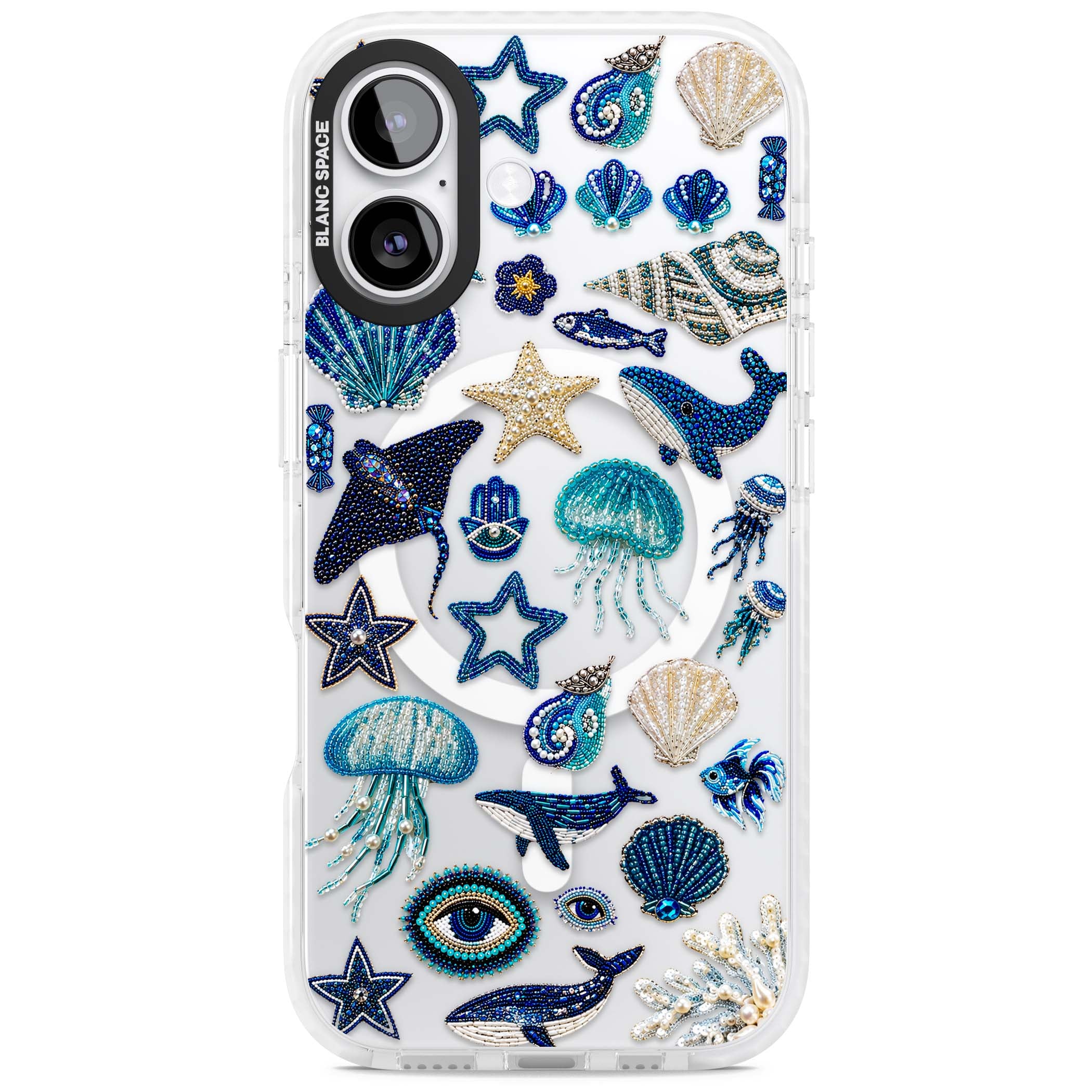 Beaded Coastal coastal iPhone case featuring embroidered seashells, jellyfish and a blue whale on clear | Impact Magsafe case for iPhone 17