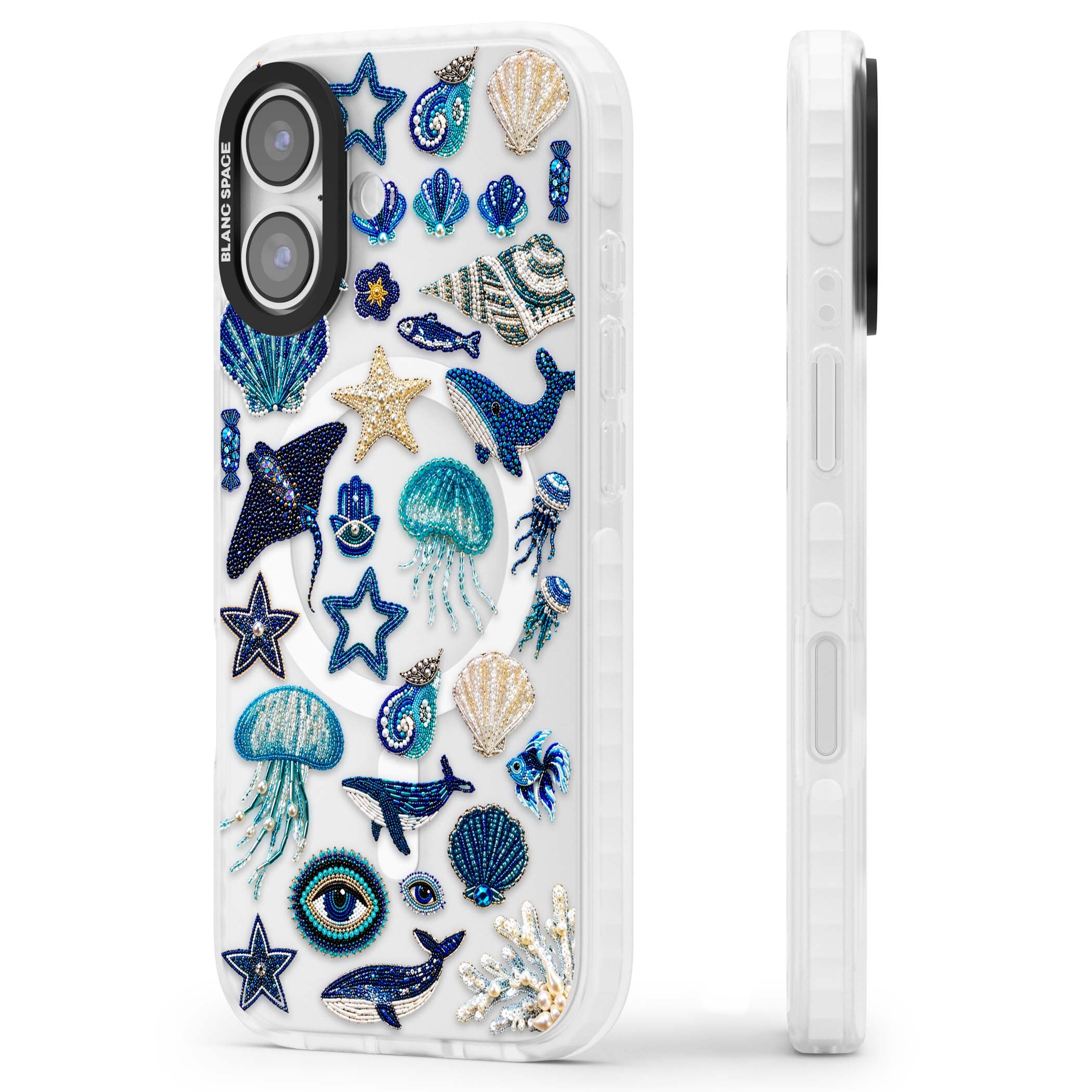 Beaded Coastal coastal iPhone case featuring embroidered seashells, jellyfish and a blue whale on clear | Impact Magsafe case for iPhone 17