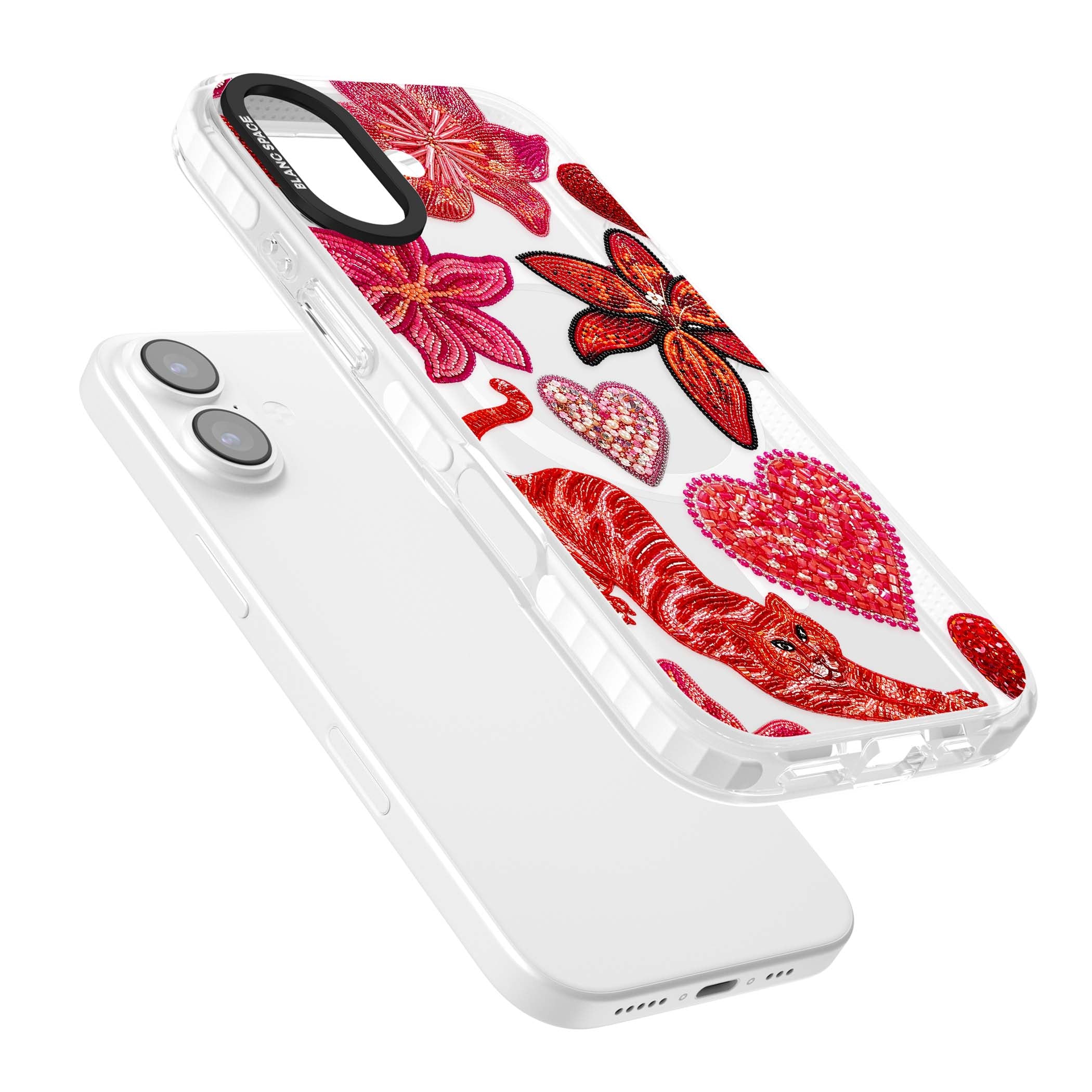 Beaded Boho floral iPhone case featuring beaded red lilies, a stitched tiger, and pearl-encrusted hearts on clear | Impact Magsafe case for iPhone 17