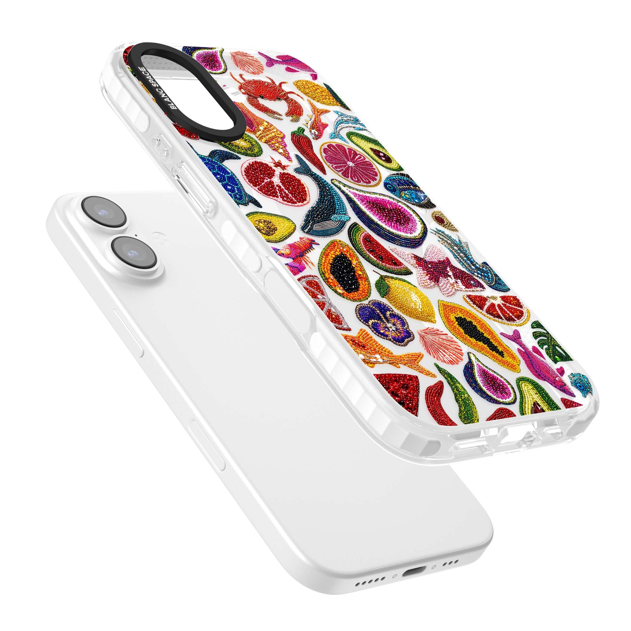 Beaded Tropic tropical iPhone case featuring beaded fruit, fish, crabs and seashells in vibrant colour | Impact Magsafe case for iPhone 17