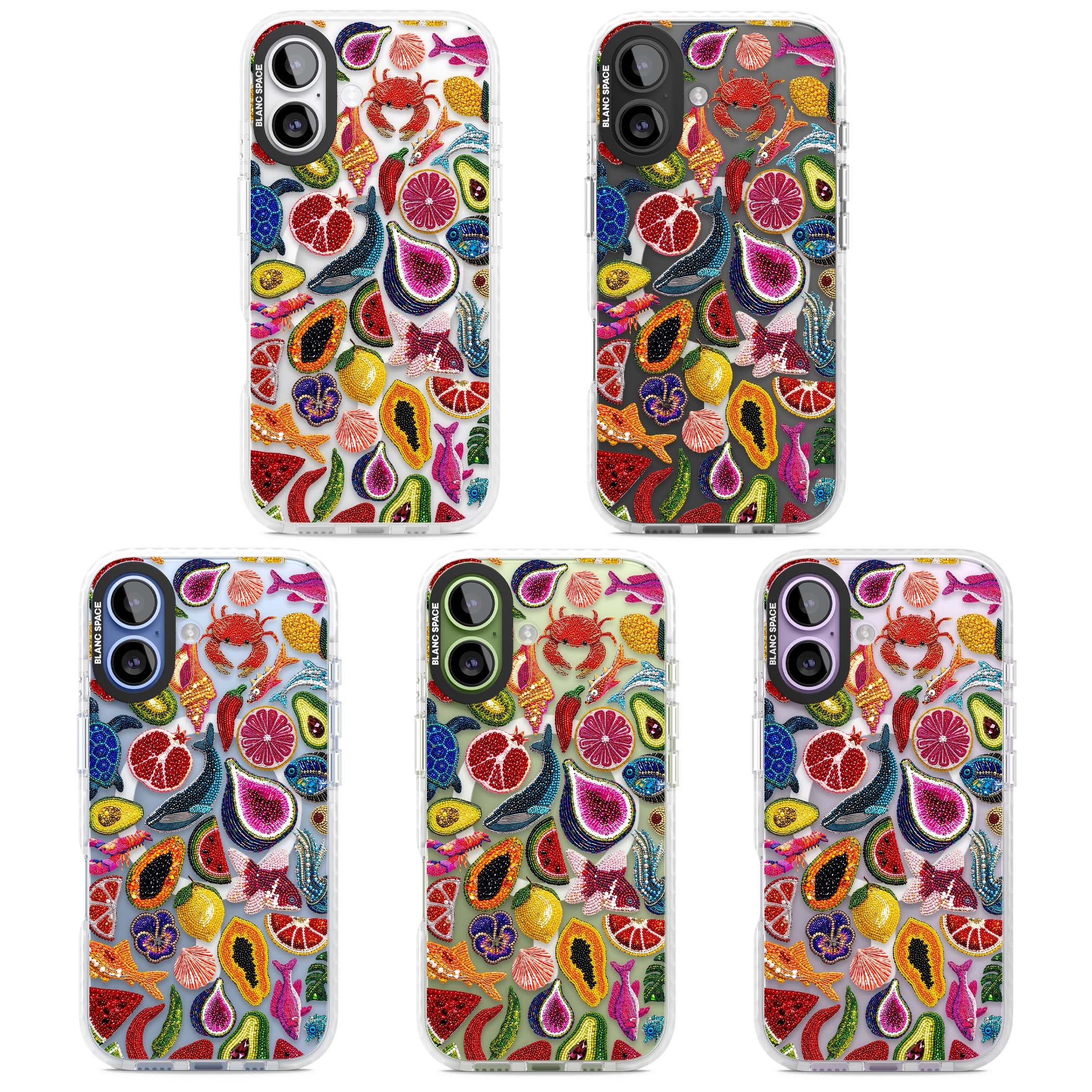 Beaded Tropic tropical iPhone case featuring beaded fruit, fish, crabs and seashells in vibrant colour | Impact Magsafe case for iPhone 17