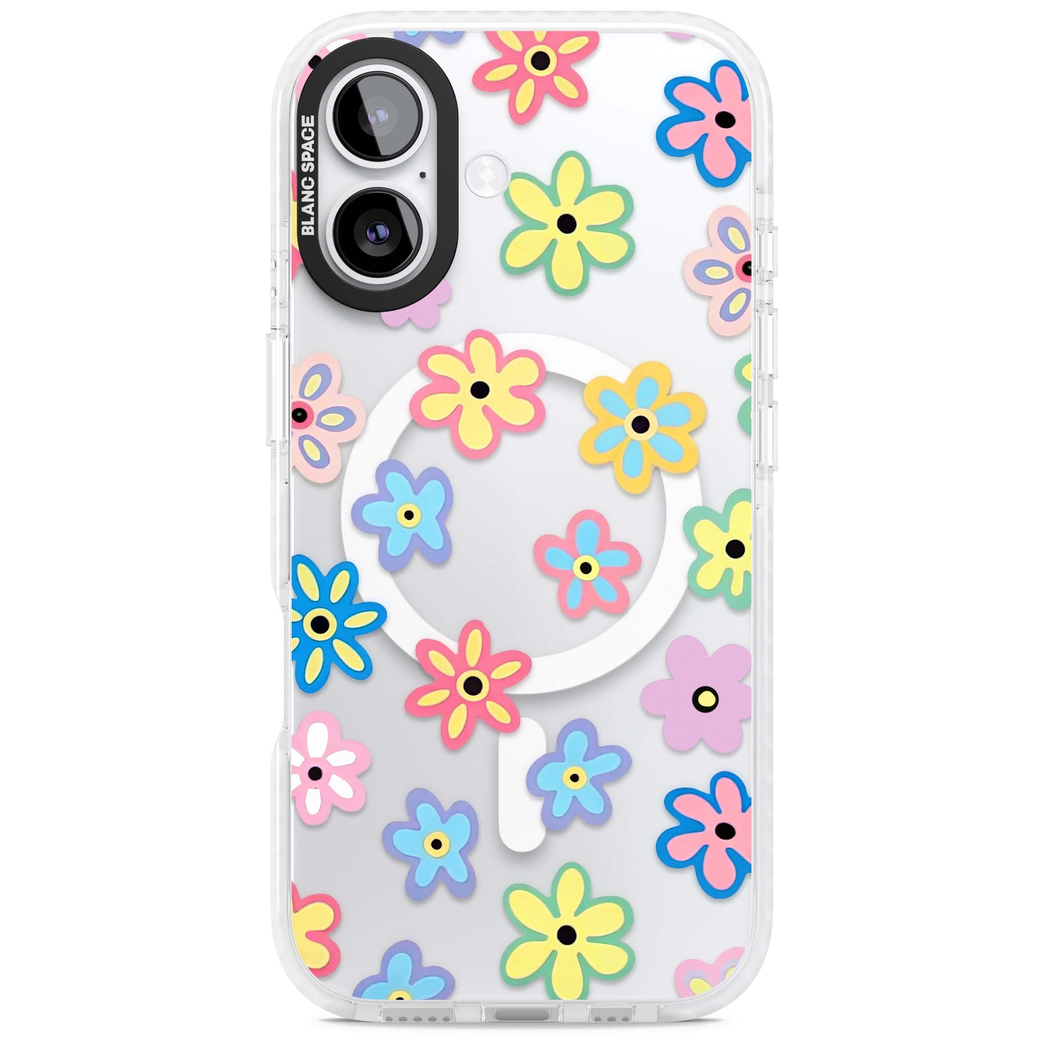 Bloom Pop cottagecore iPhone case featuring multicolor pastel flowers with black centers on clear background | Impact Magsafe case for iPhone 17