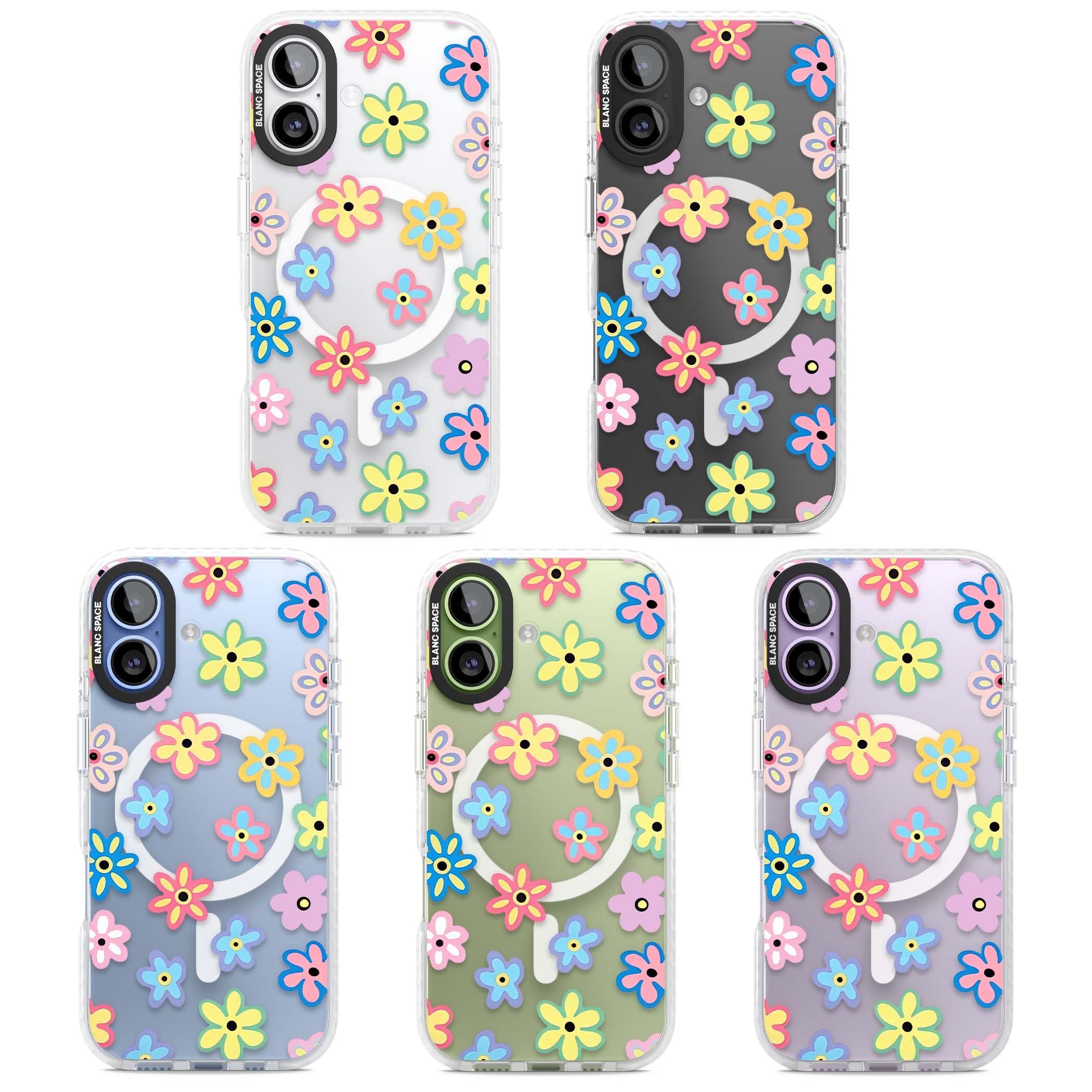 Bloom Pop cottagecore iPhone case featuring multicolor pastel flowers with black centers on clear background | Impact Magsafe case for iPhone 17