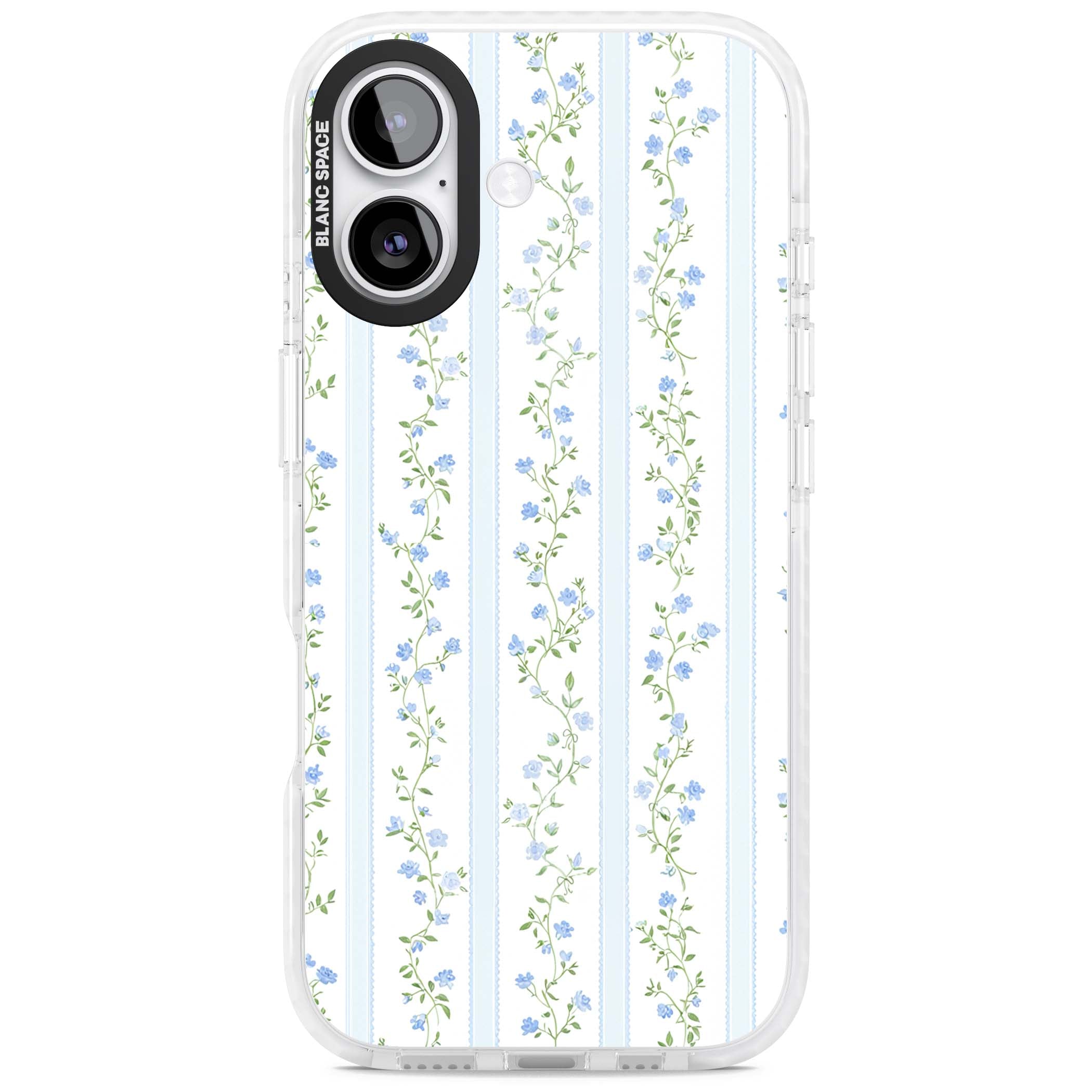 Bluebell Vine cottagecore iPhone case featuring climbing blue roses, trailing green vines, and pale ticking stripes | Impact Magsafe case for iPhone 17