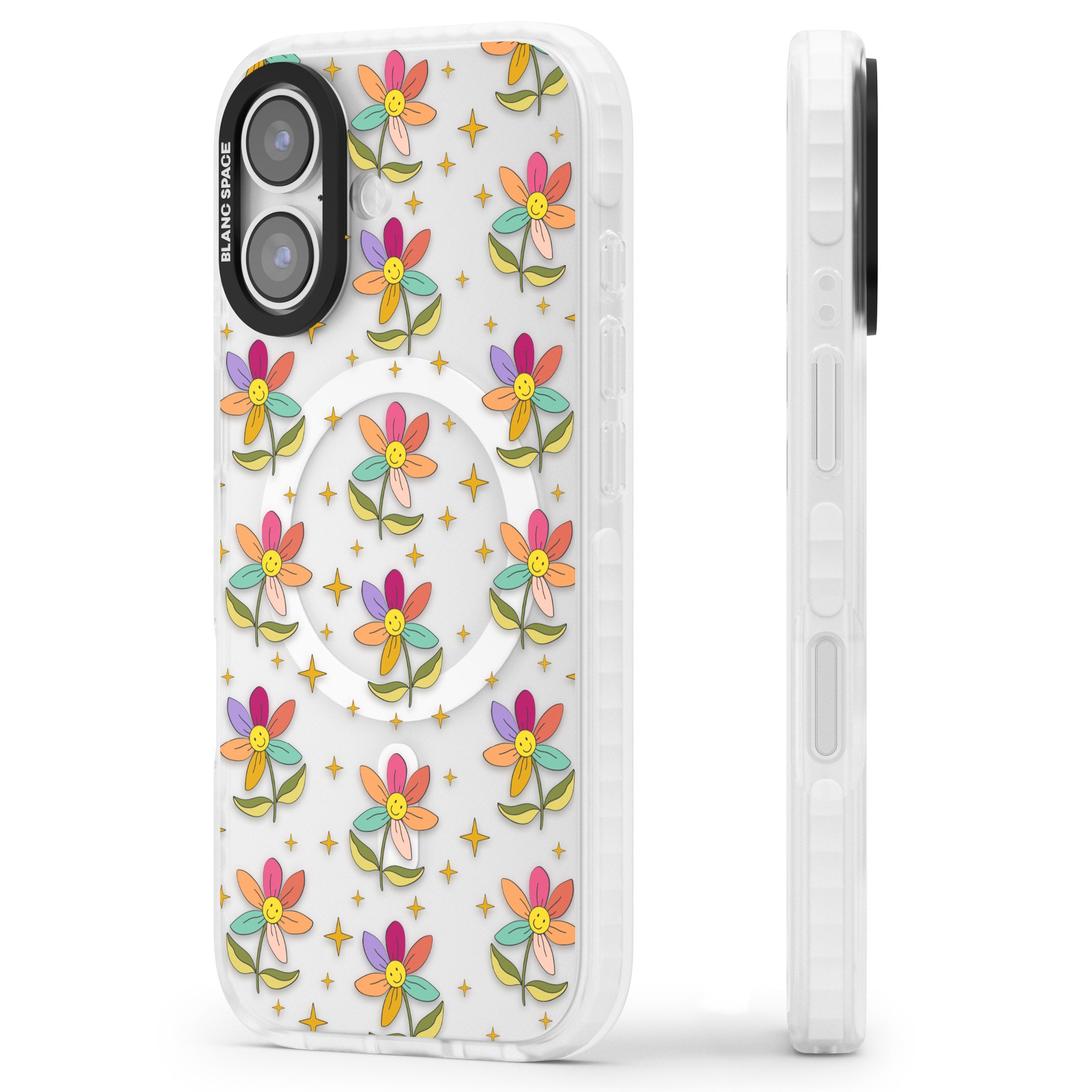Boho Celestial Happy Flower iPhone 17 Impact Pro Clear Phone Case Side Profile
