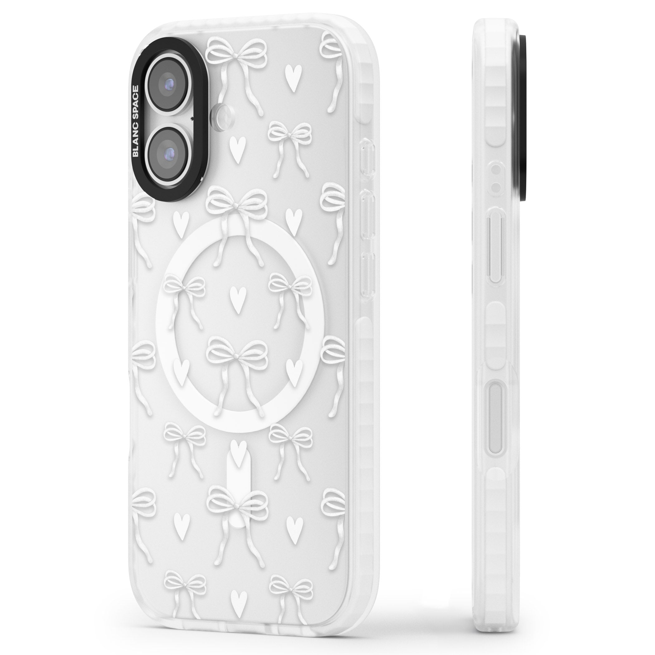 White Bows & Hearts iPhone 17 Impact Pro Clear Phone Case Side Profile