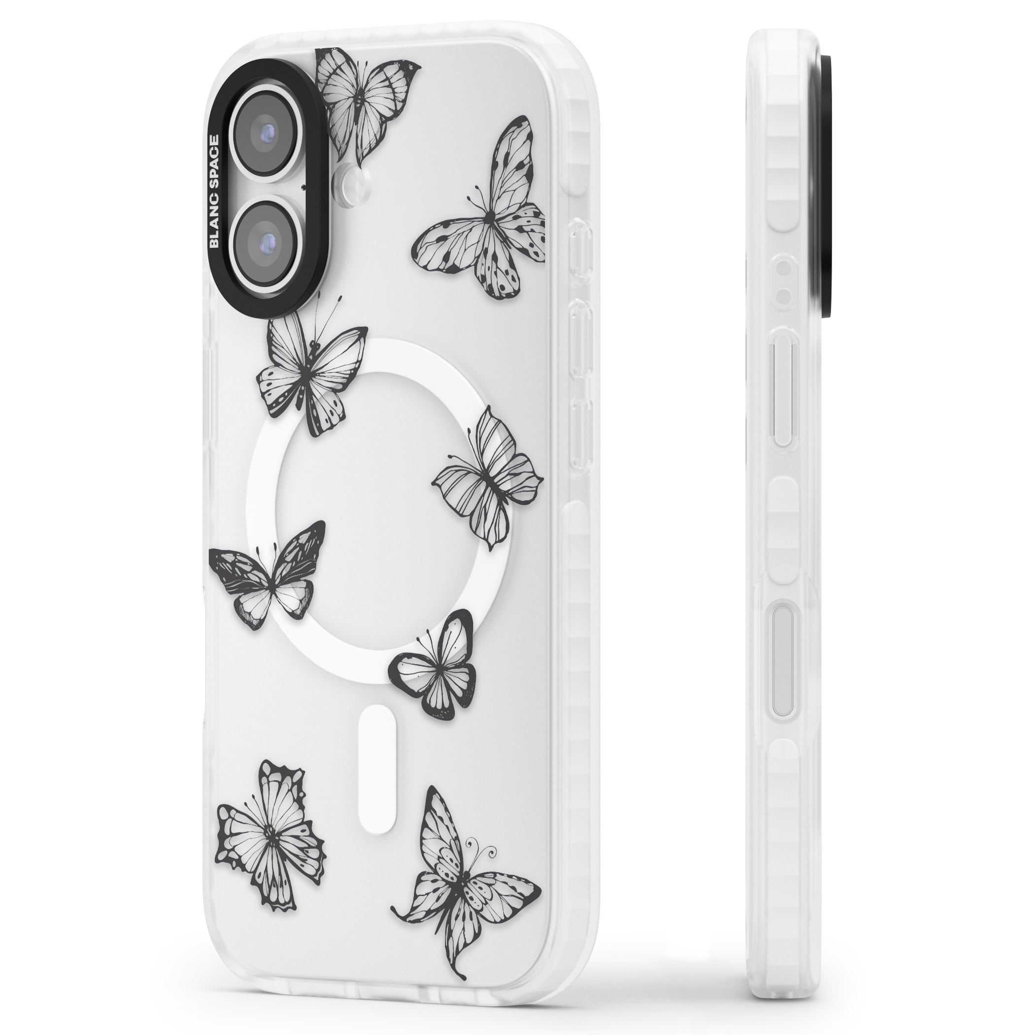 Grey Butterfly Line Pattern iPhone 17 Impact Pro Clear Phone Case Side Profile