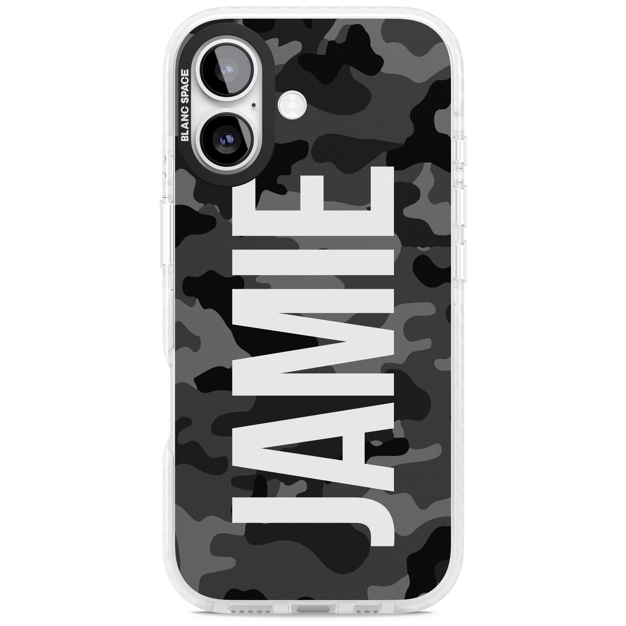 Personalised Black Camo Name Vertical iPhone 17 Impact Pro Clear Phone Case