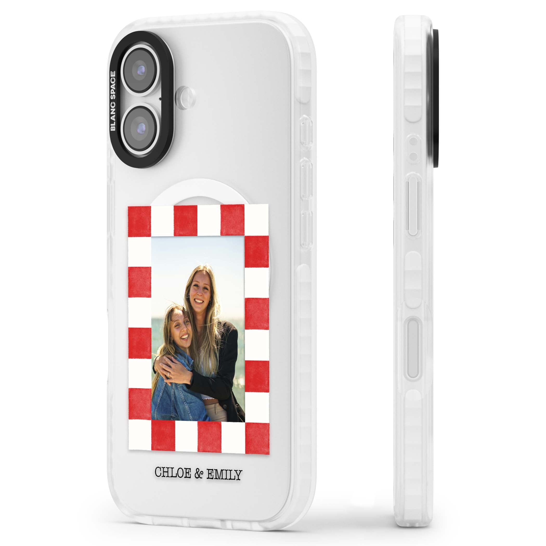 Red Check Photo personalised photo iPhone case with red and white checkered polaroid frame and custom couple name | Impact Magsafe case for iPhone 17