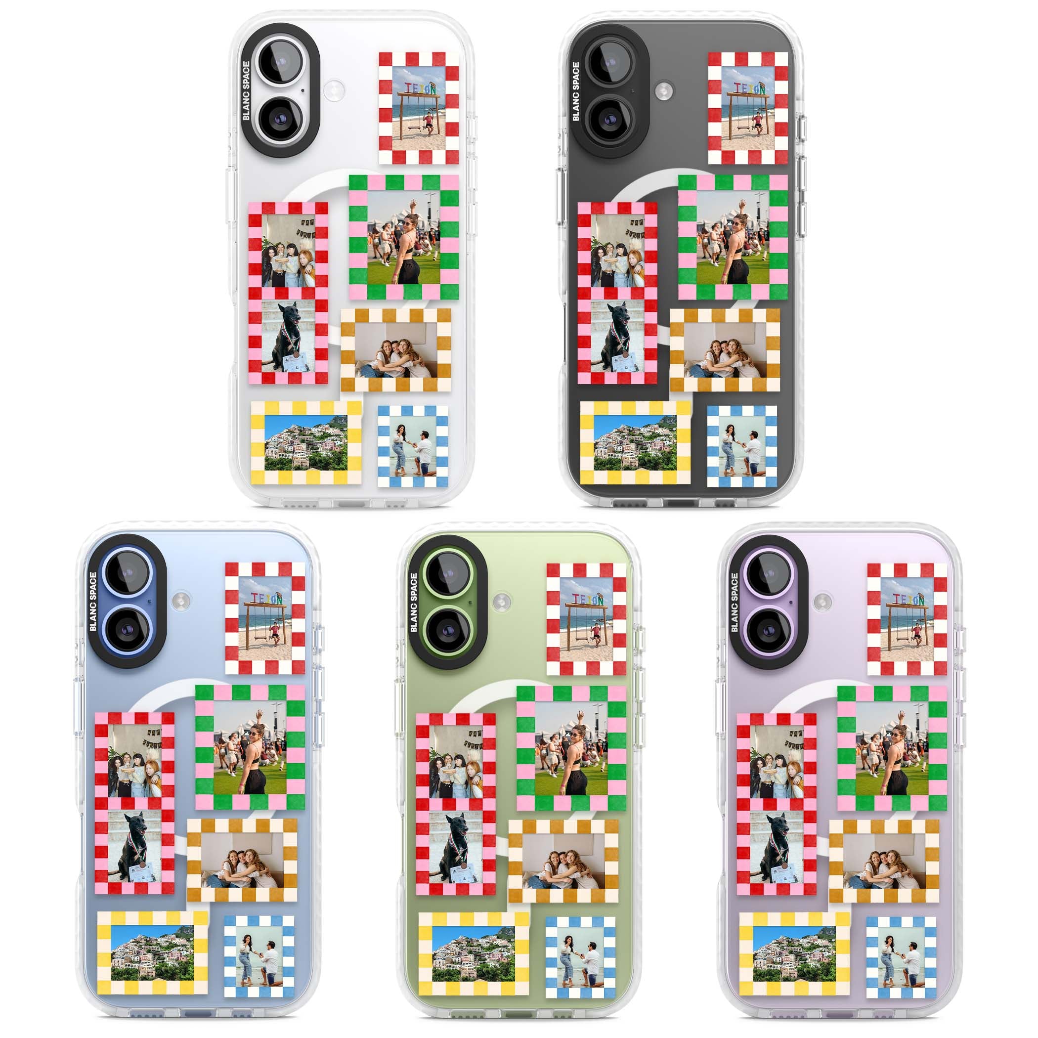 Italian Check Frames custom photo collage iPhone case featuring six checkered photo frames in red, green, pink and | Impact Magsafe case for iPhone 17