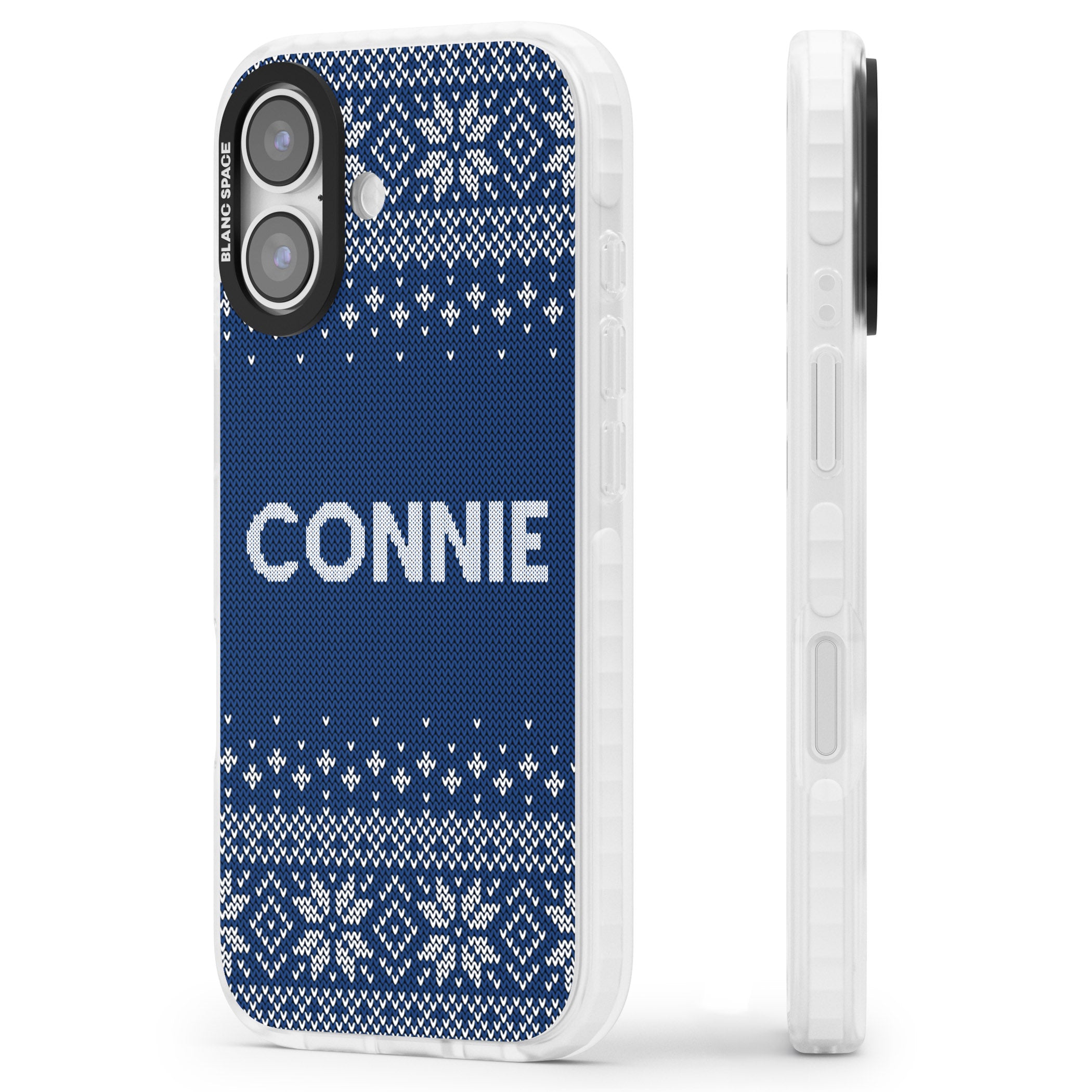 Personalised Blue Knitted Christmas iPhone 17 Impact Pro Clear Phone Case Side Profile
