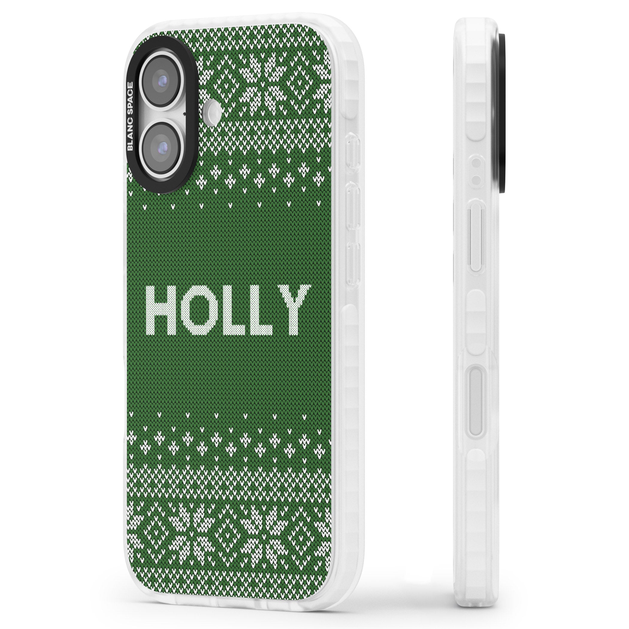 Personalised Green Christmas Knit iPhone 17 Impact Pro Clear Phone Case Side Profile
