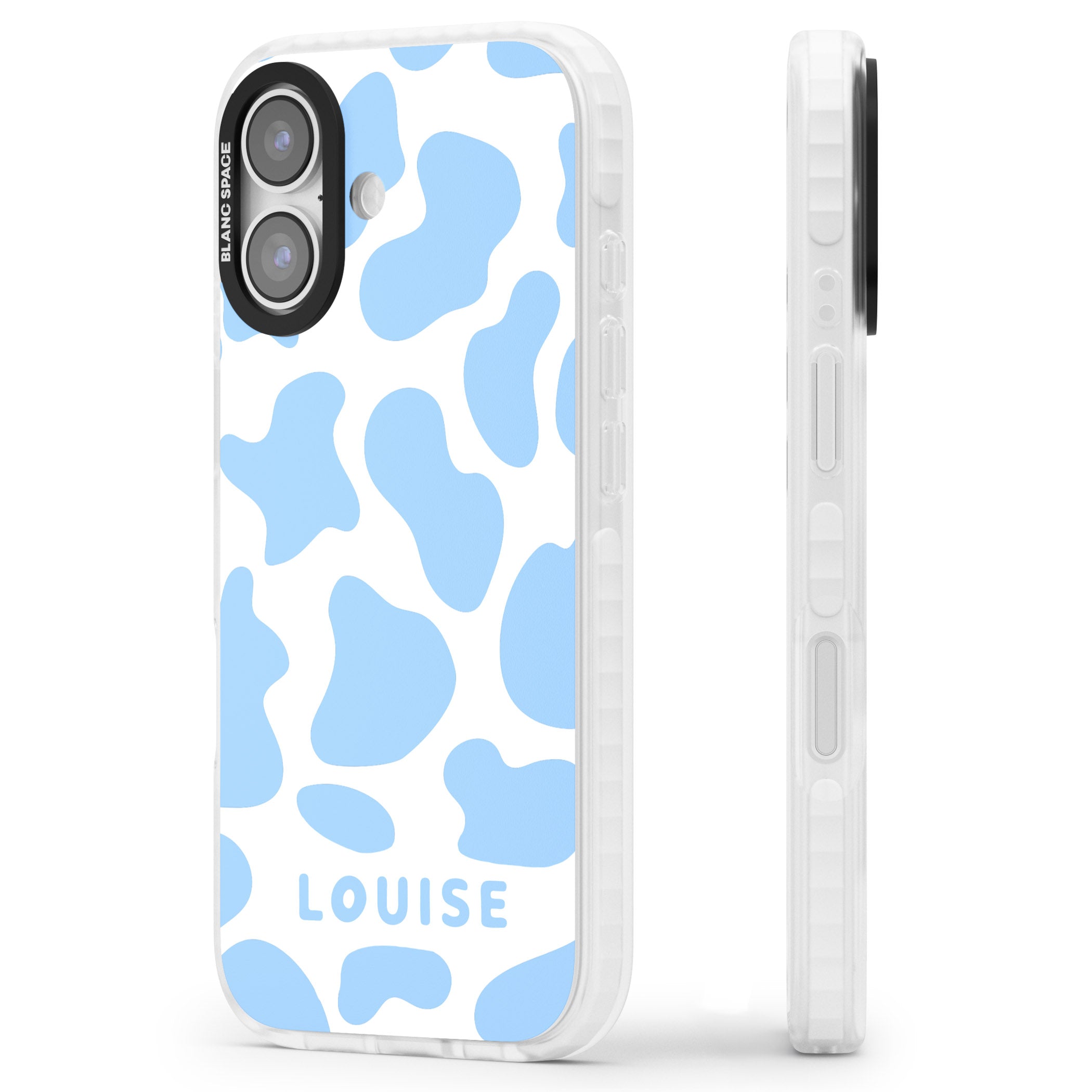 Personalised Blue And White Cow Print iPhone 17 Impact Pro Clear Phone Case Side Profile