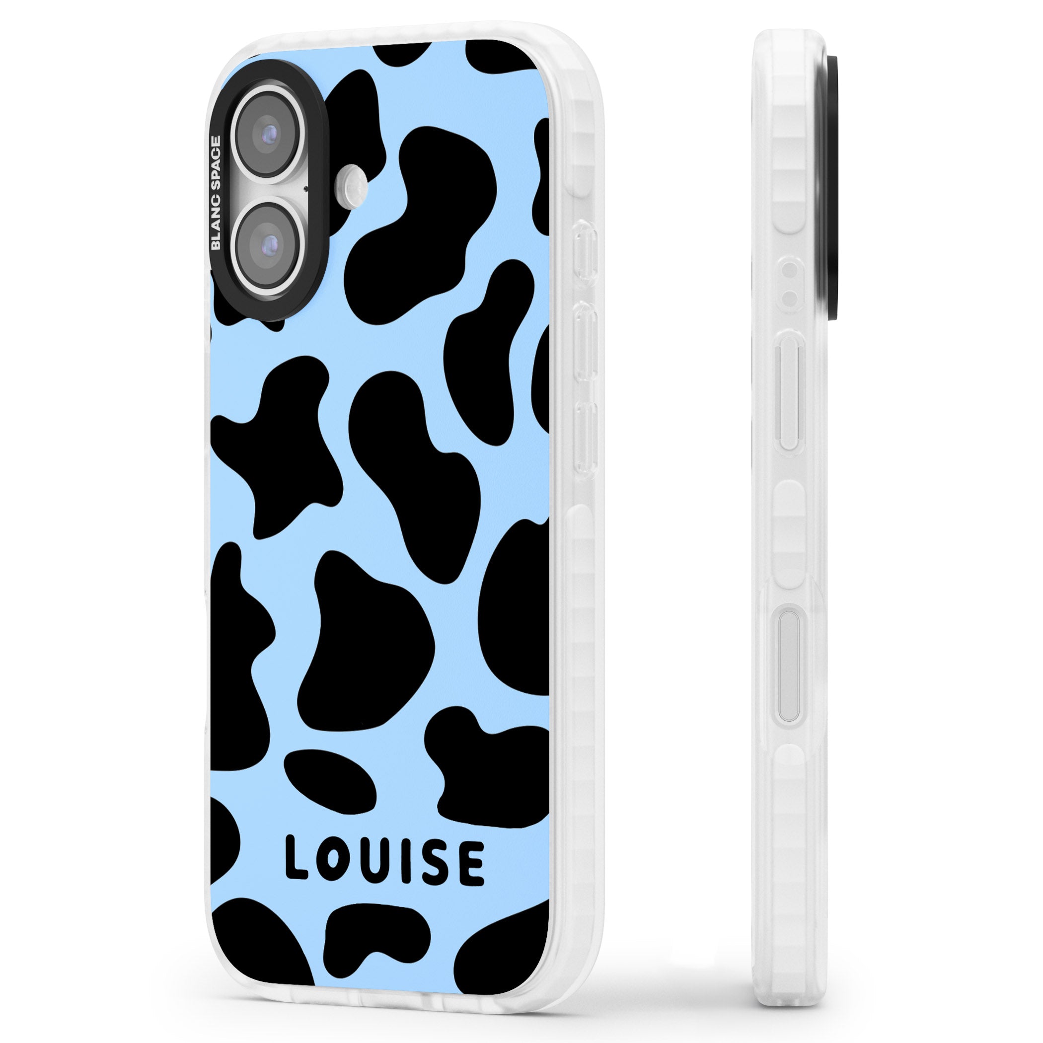 Personalised Blue And Black Cow Print iPhone 17 Impact Pro Clear Phone Case Side Profile